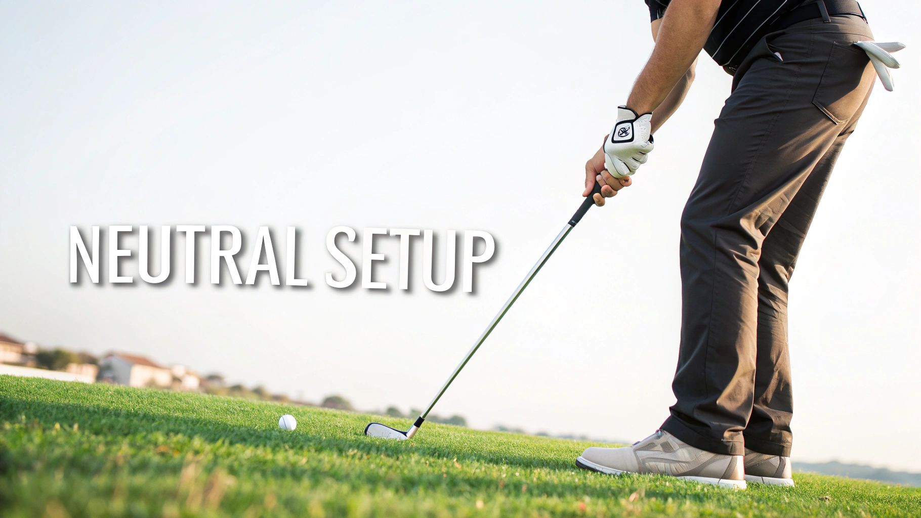 A golfer checking their setup alignment on a green golf course.