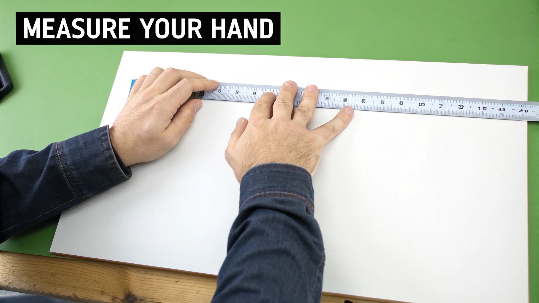 A golfer measuring their hand with a ruler for the correct golf grip size.