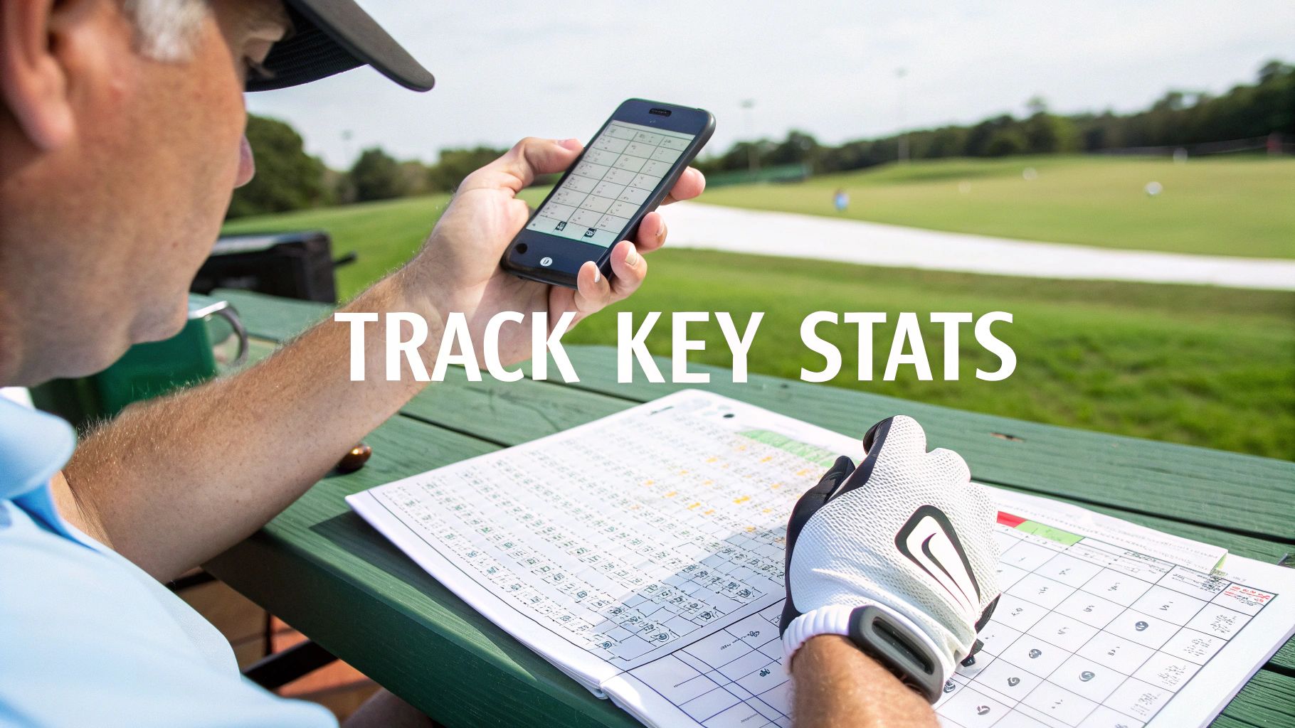 A close-up of a golfer's hand filling out a golf scorecard with a pencil.