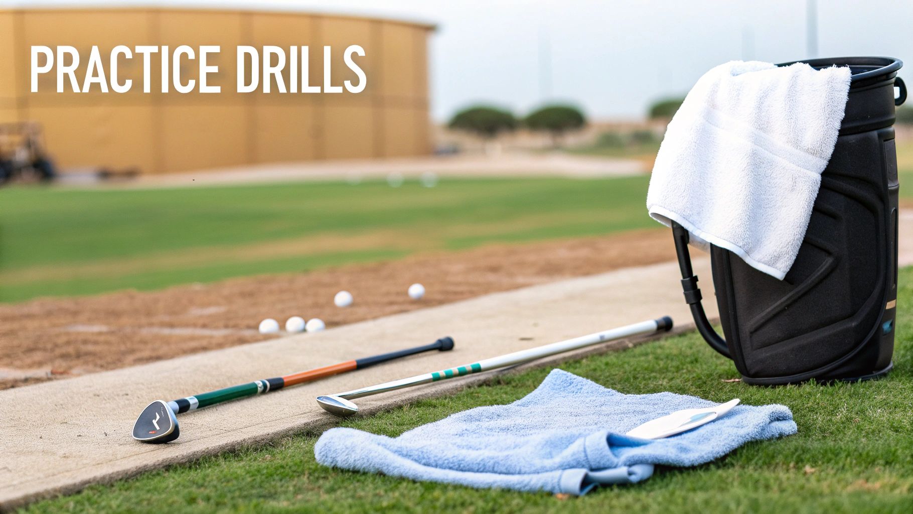 A golfer using alignment sticks during a practice session at the driving range.
