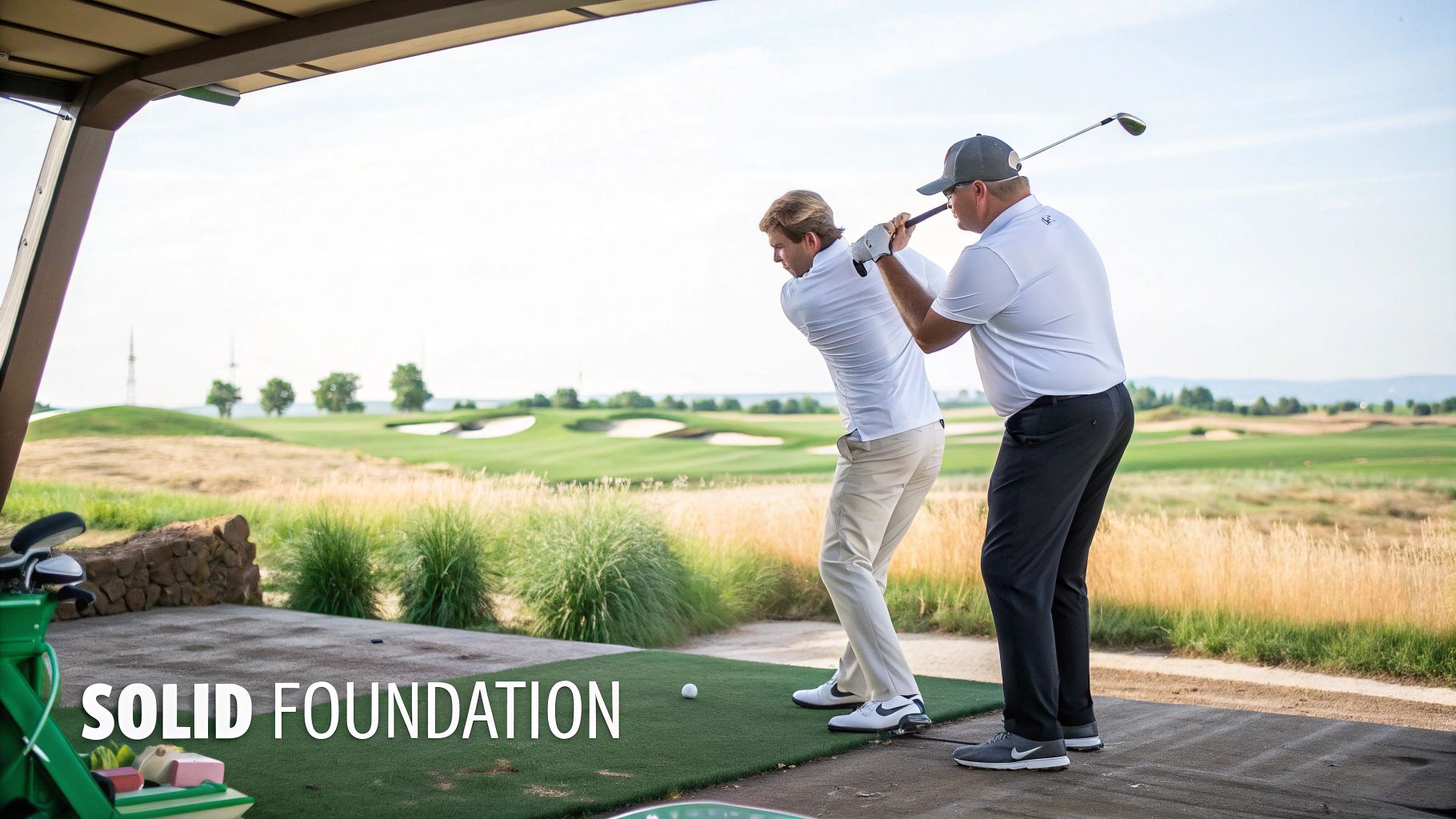 A female golf instructor guiding a beginner on her swing at a sunny driving range.