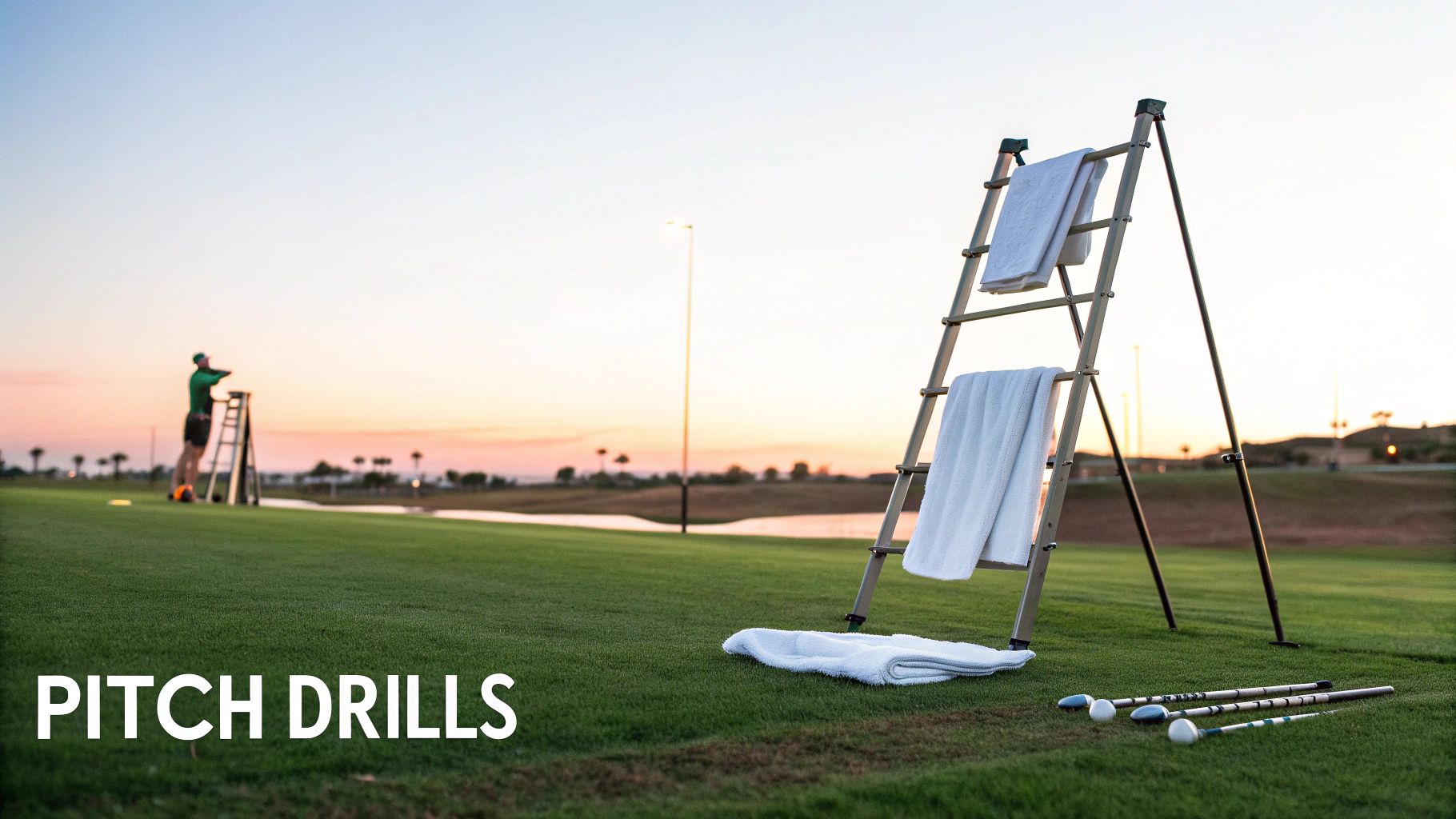 A golfer practices pitch drills at sunset on a green course with a ladder and towels.