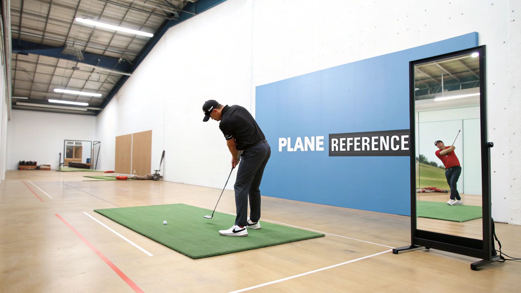 A golfer practices indoors on a green mat with a club and ball, a mirror reflects another swing.
