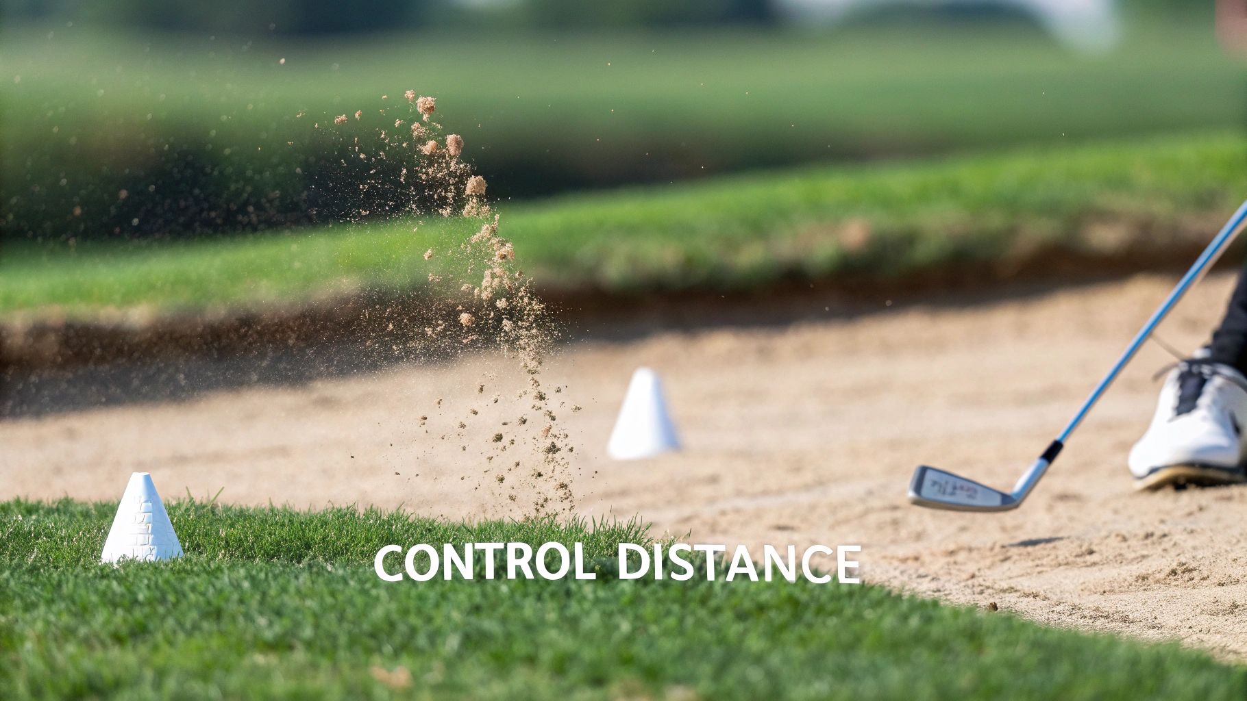 Golf club hitting sand shot from bunker with distance control markers on green