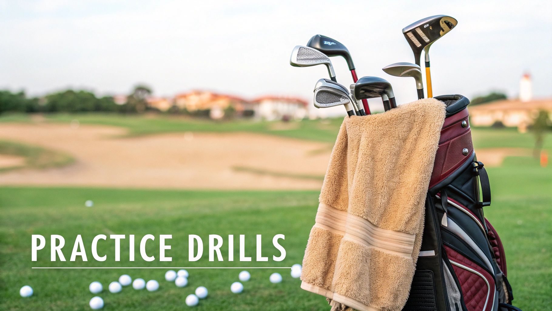 A golf bag with clubs and a towel on a green golf course, surrounded by practice balls.