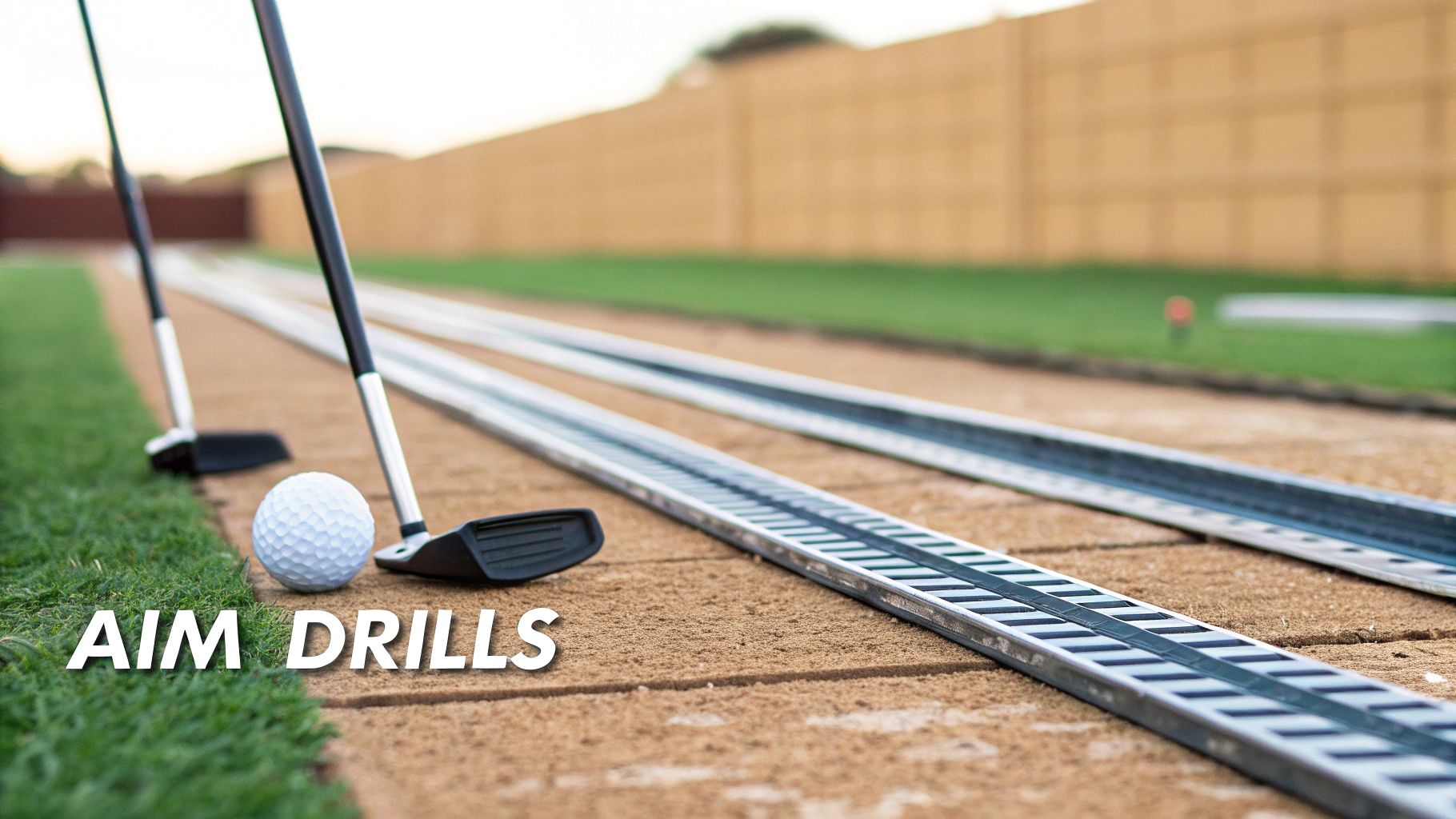 A golfer using alignment sticks on a driving range to practice their aim