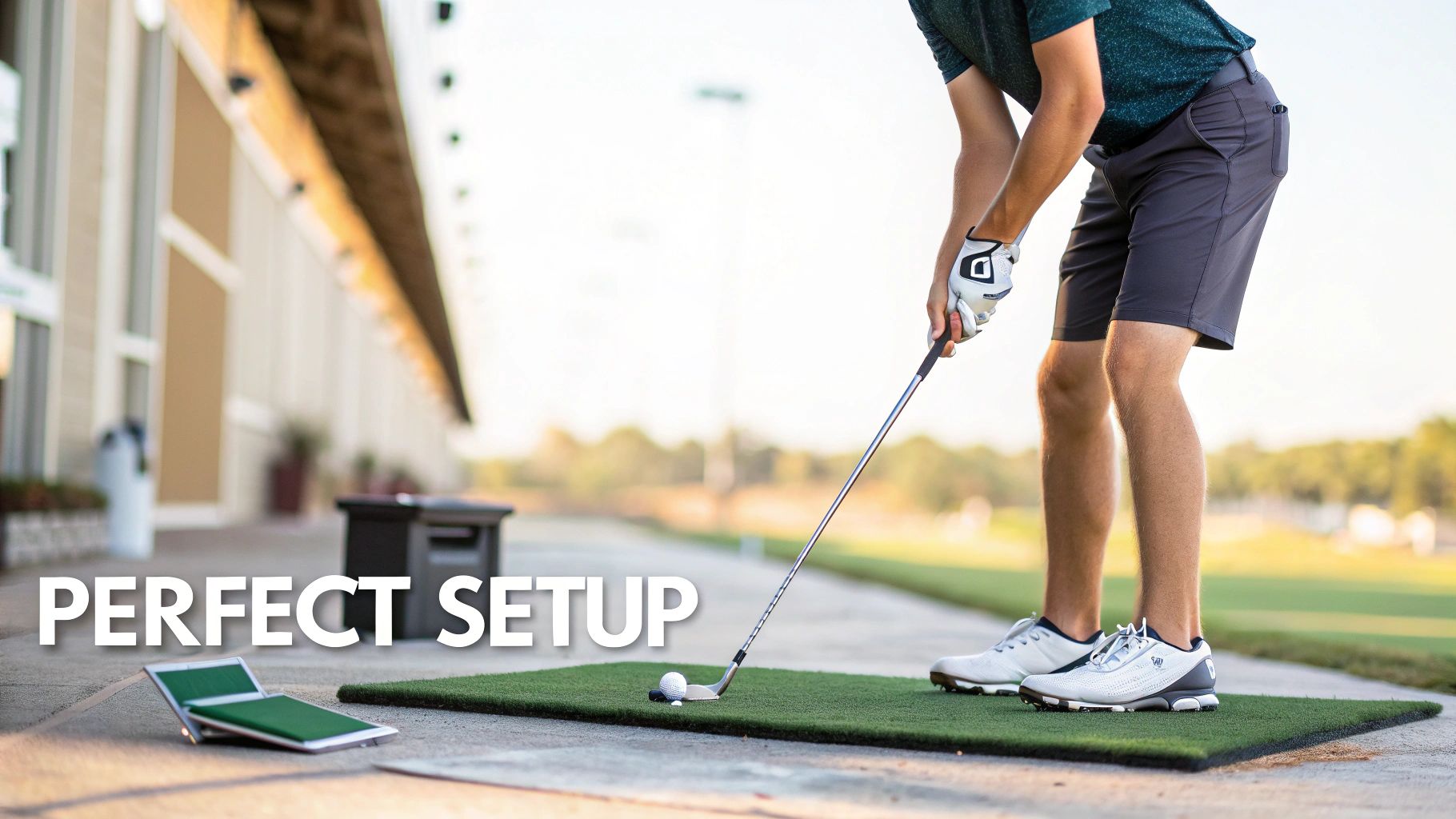 A golfer in a proper stance, preparing for an iron swing on a green golf course.