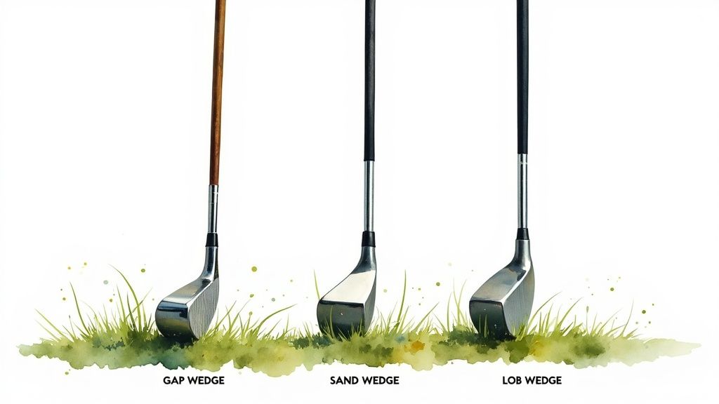 A set of pristine golf wedges lined up on the green.