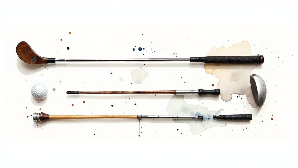 A close-up of a variety of golf clubs arranged in a golf bag