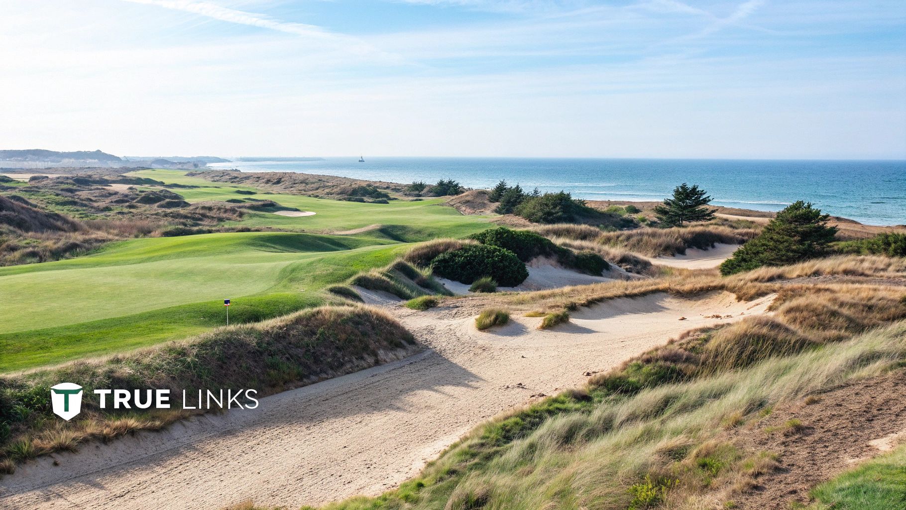 A beautiful links golf course by the sea with green fairways, sandy dunes, and blue ocean.