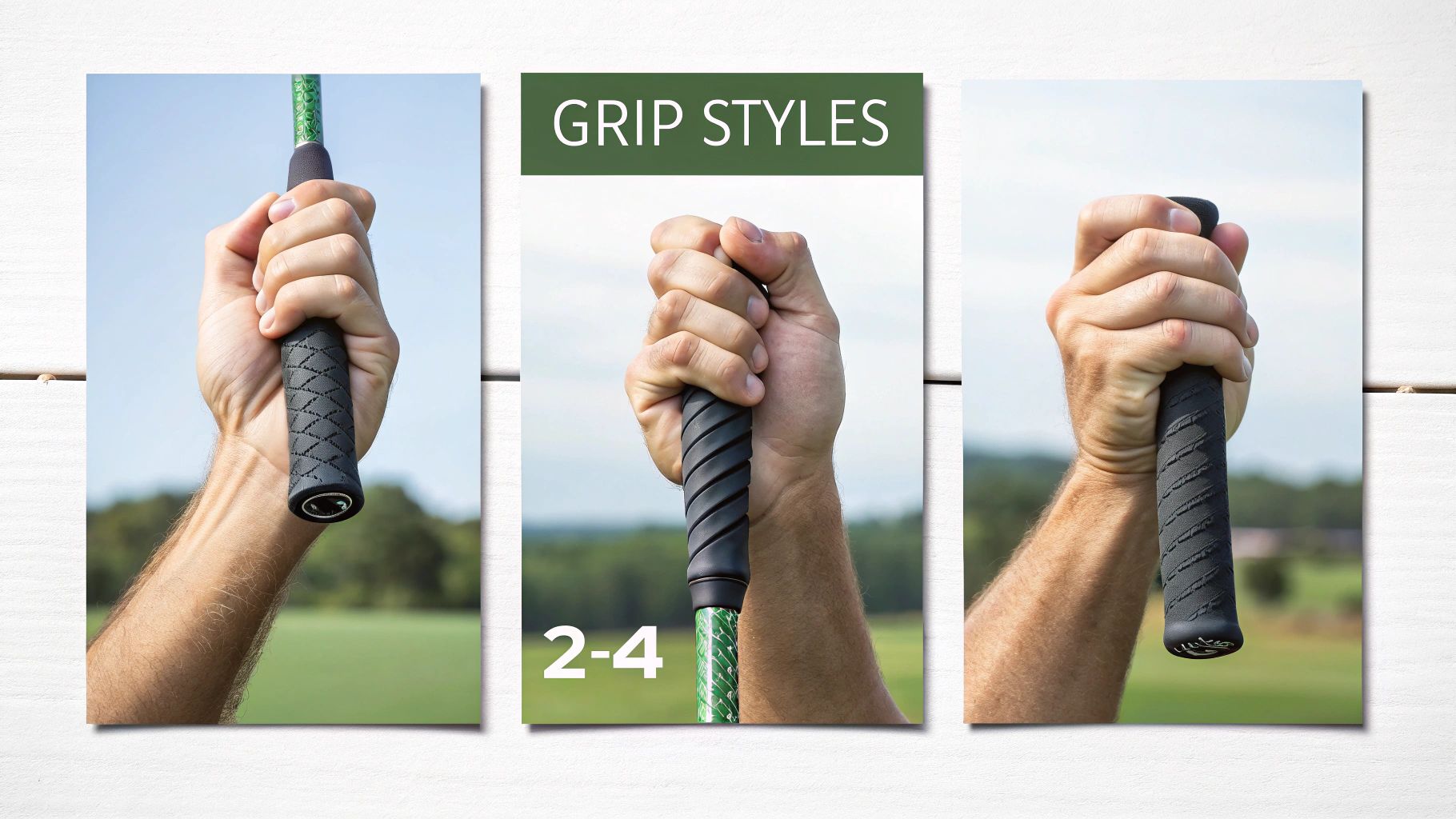 A close-up of three different golf grip styles held by hands, showcasing various textures and designs.