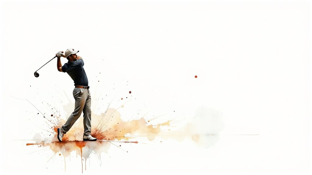 A golfer in mid-swing, showcasing powerful rotation.