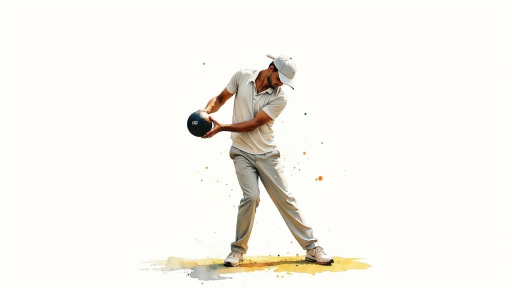 A golfer smiling and practicing their swing on a beautiful course during sunset.