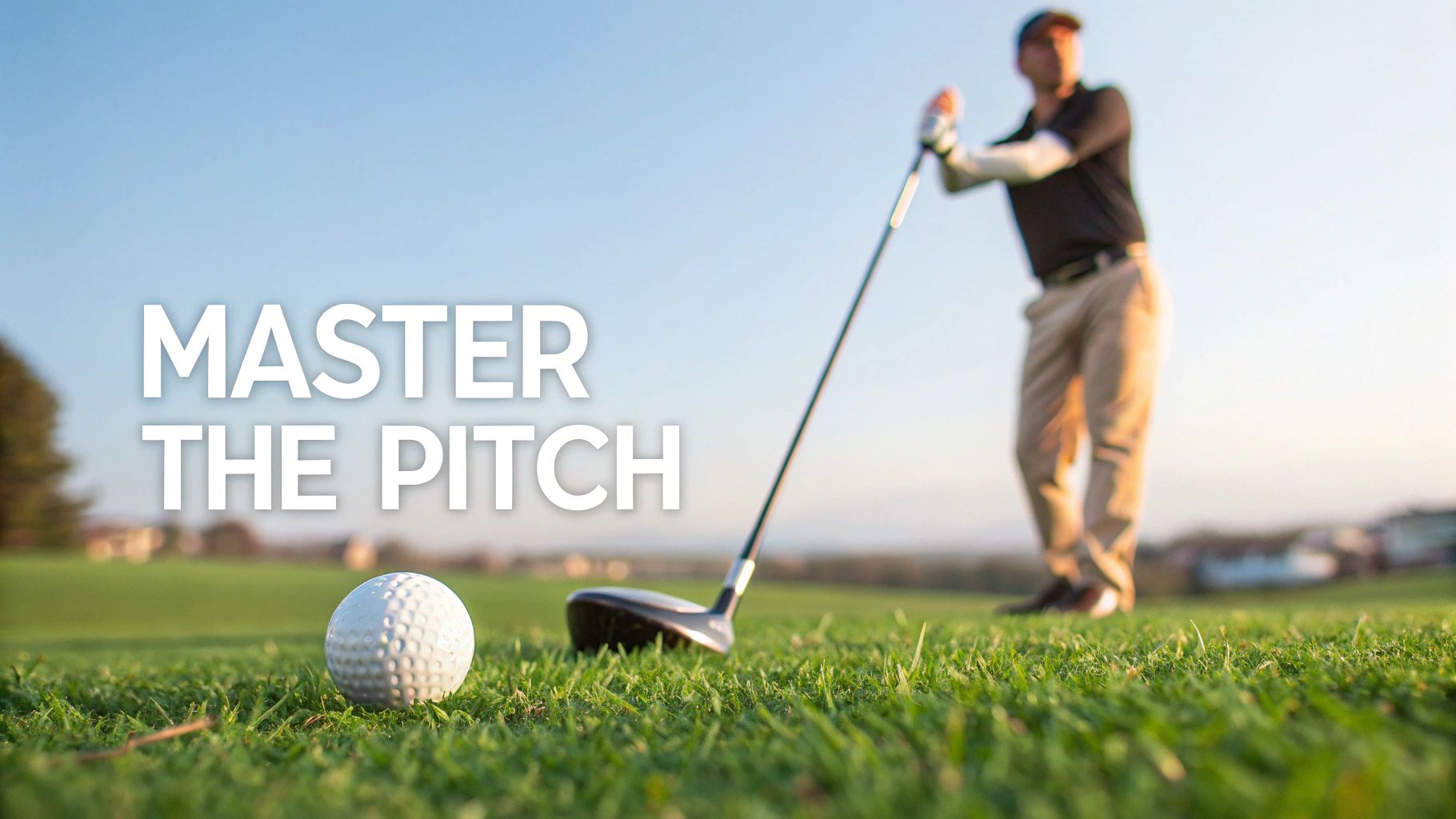 A golf ball and club on green grass with a golfer in a background, overlaid with 'MASTER THE PITCH'.