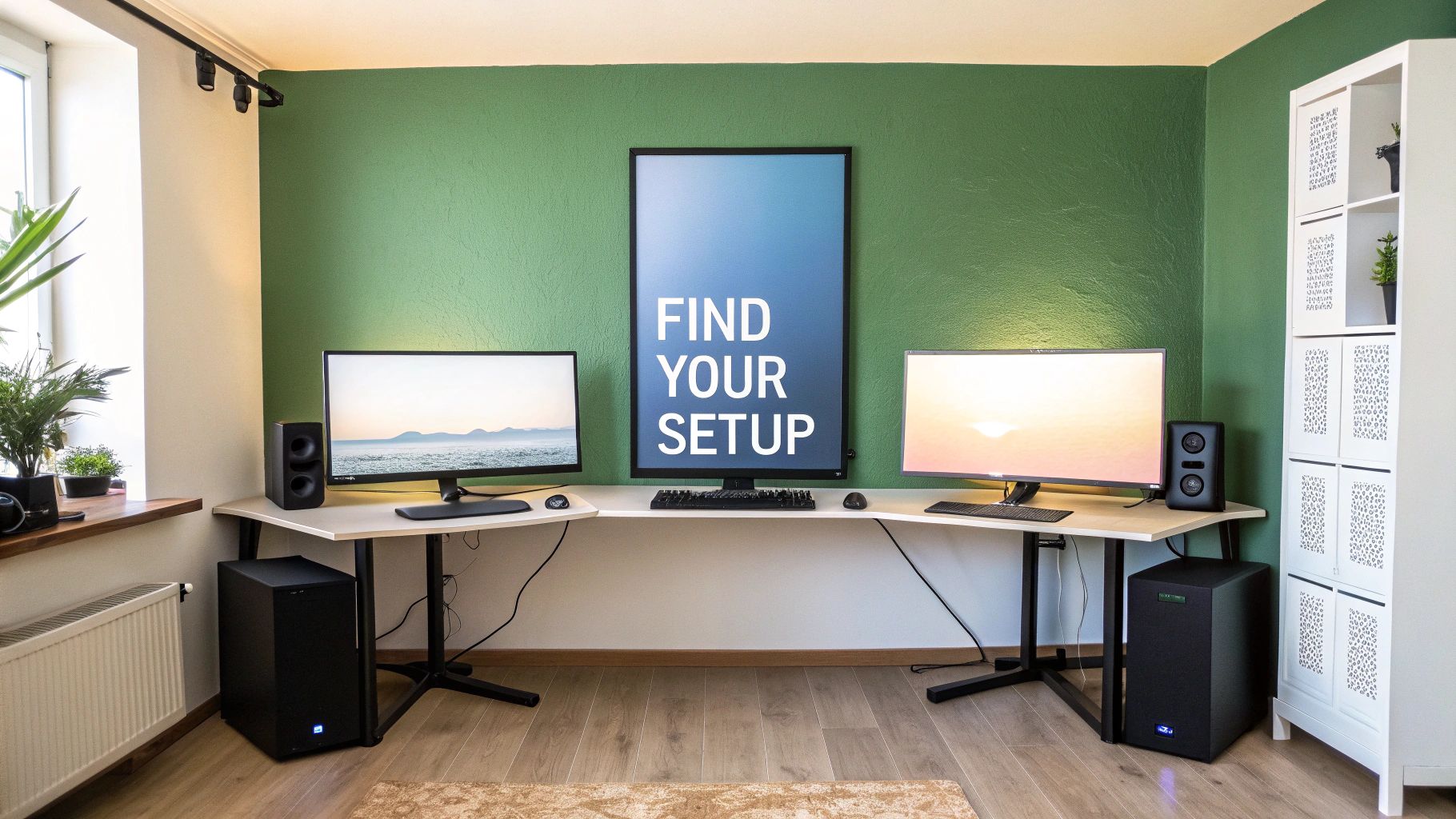 A modern L-shaped desk setup with multiple monitors, speakers, and computers in a green-walled room.