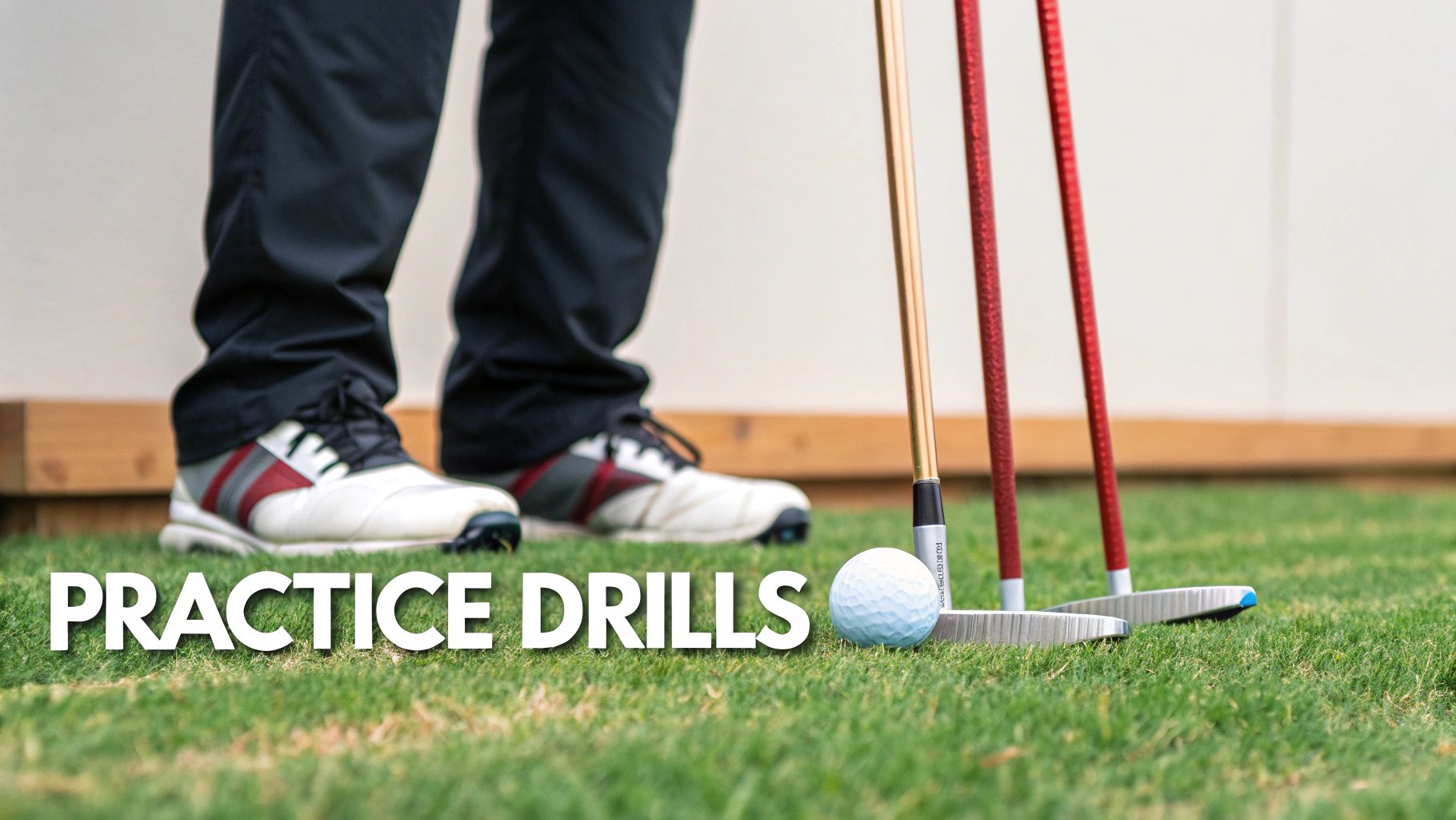A golfer using alignment sticks on a driving range to practice their swing path.
