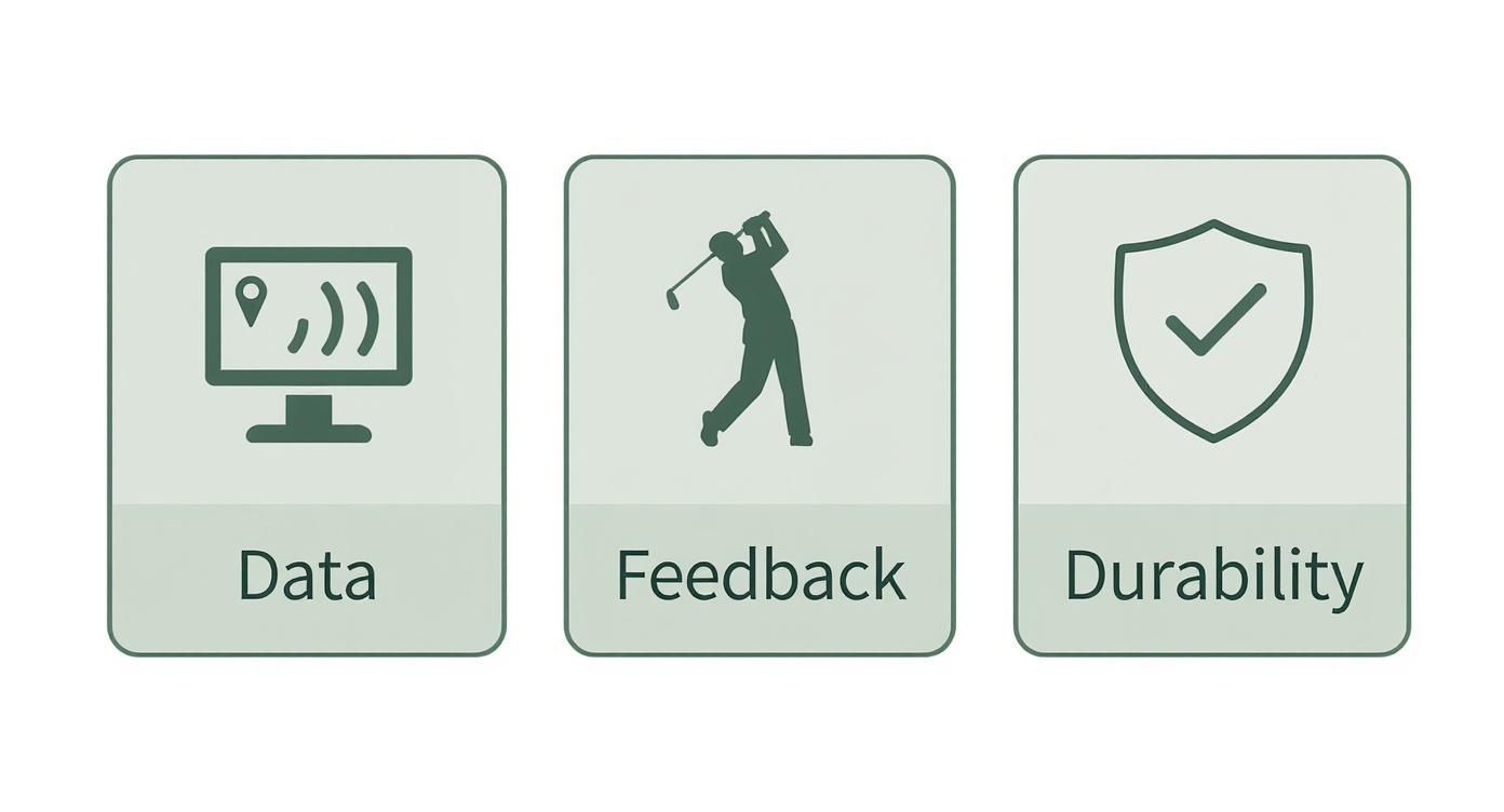 Three cards with icons representing data (monitor), feedback (golfer), and durability (shield with checkmark).