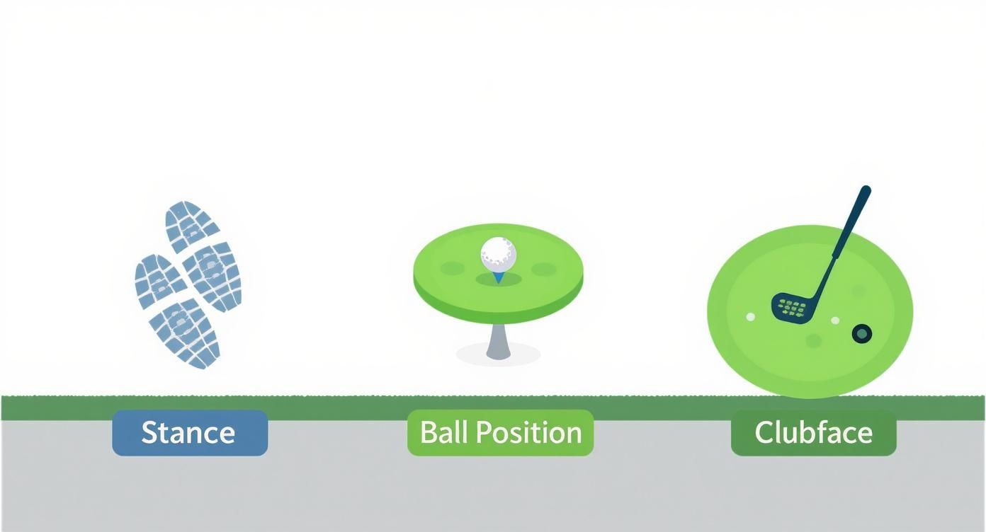 Golf fundamentals diagram showing stance footprints, ball position on tee, and clubface angle illustration