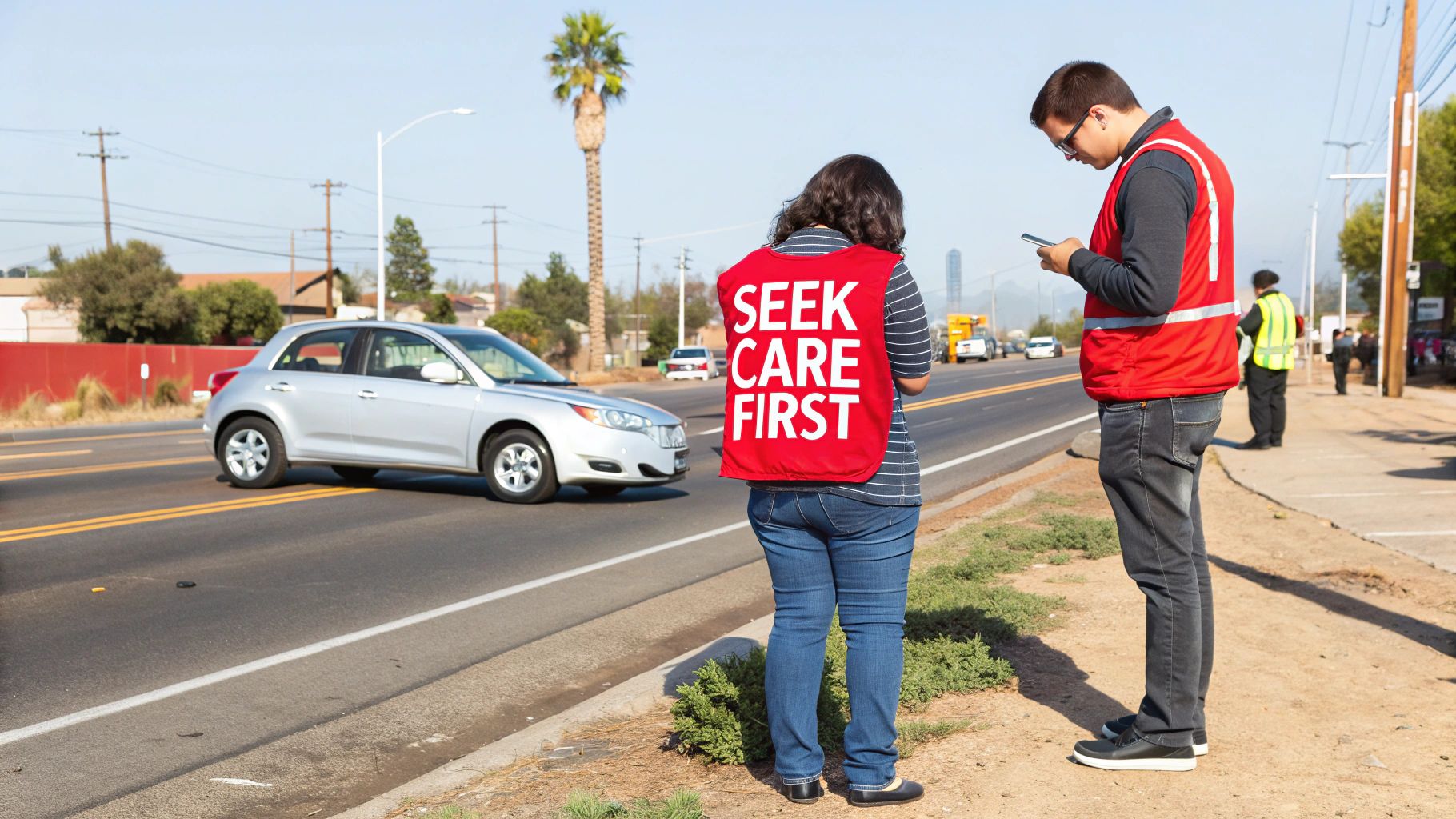 Two volunteers wearing red vests with 'Seek Care First' message directing traffic at accident scene