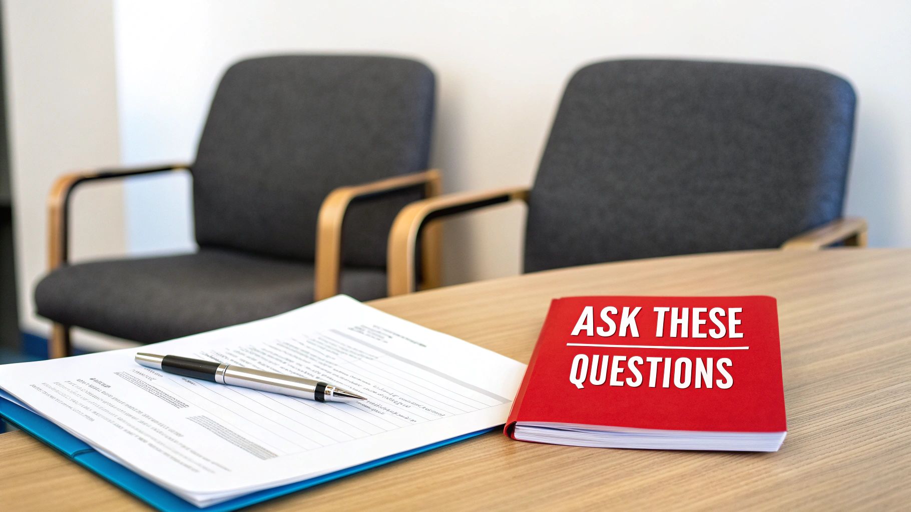 Red notebook with ask these questions text on desk with documents and chairs for lawyer consultation