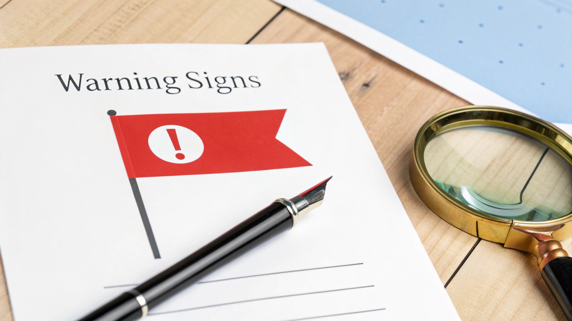 Warning signs document with red flag and exclamation mark, pen and magnifying glass on wooden desk