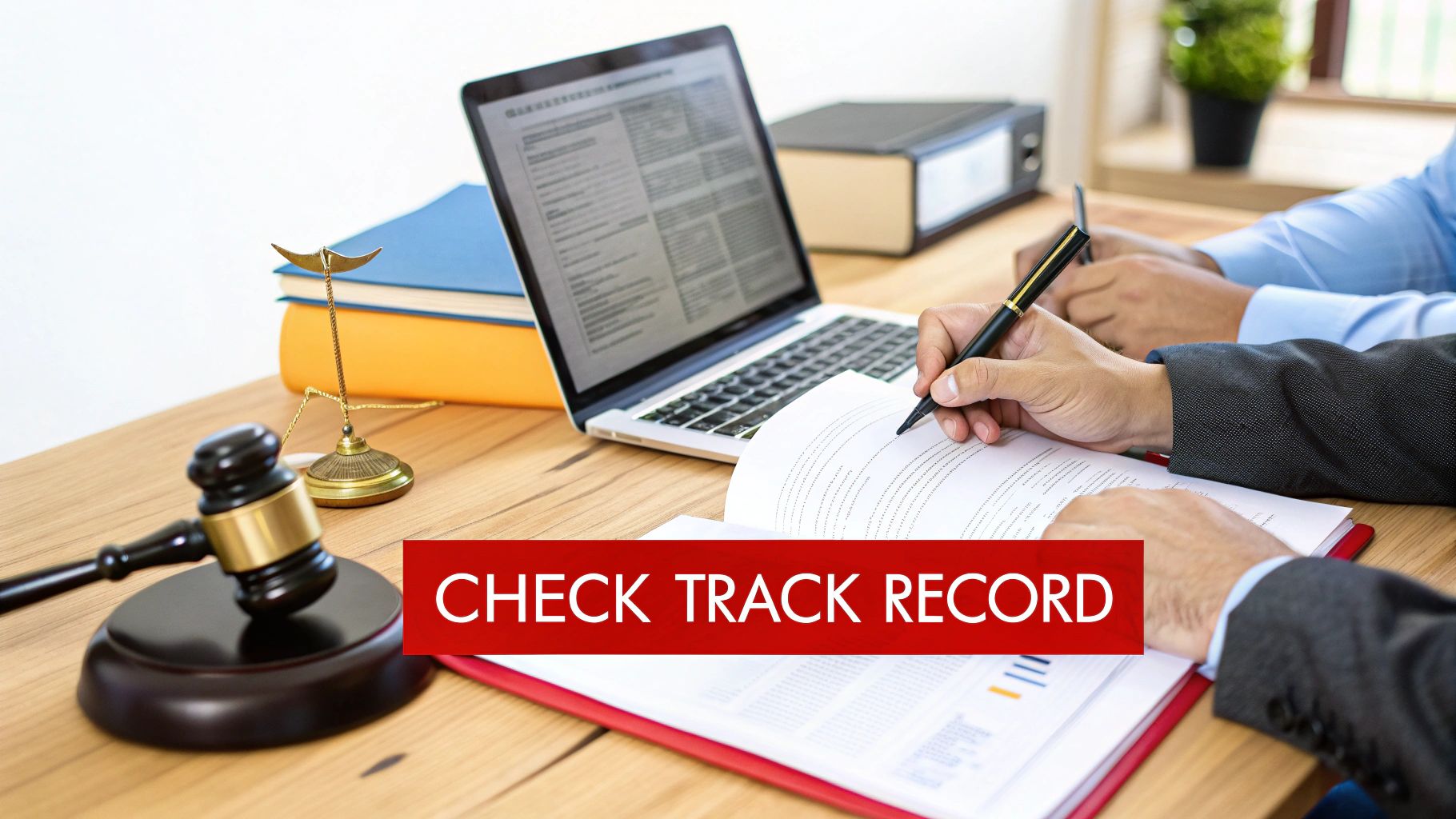 Personal injury attorney reviewing legal documents with client at desk with laptop and gavel