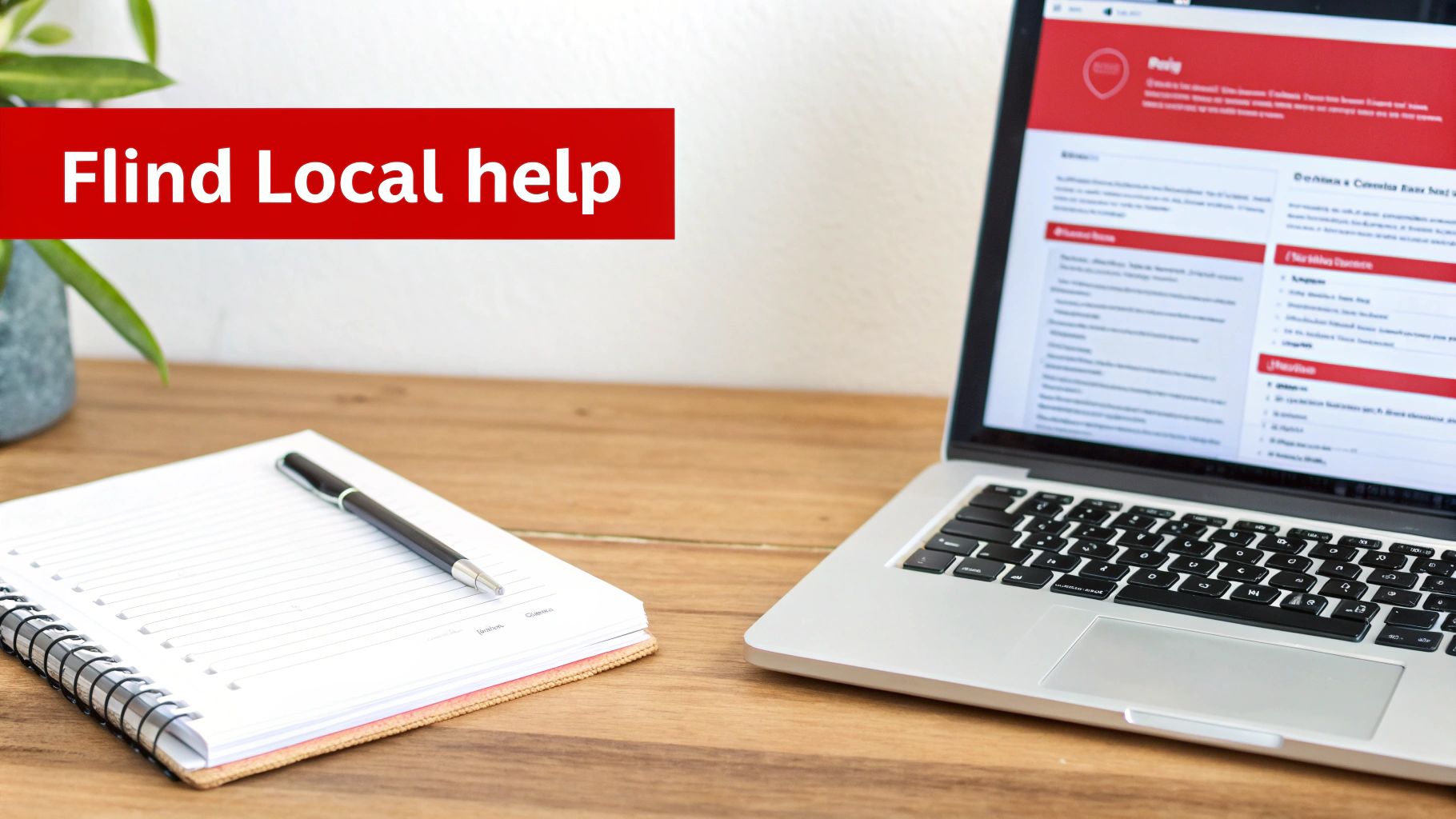 Laptop displaying legal services website next to notebook and pen on wooden desk for finding local help