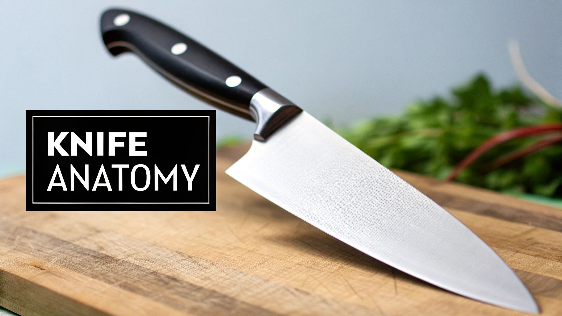 A sharp chef's knife with a black handle rests on a wooden cutting board