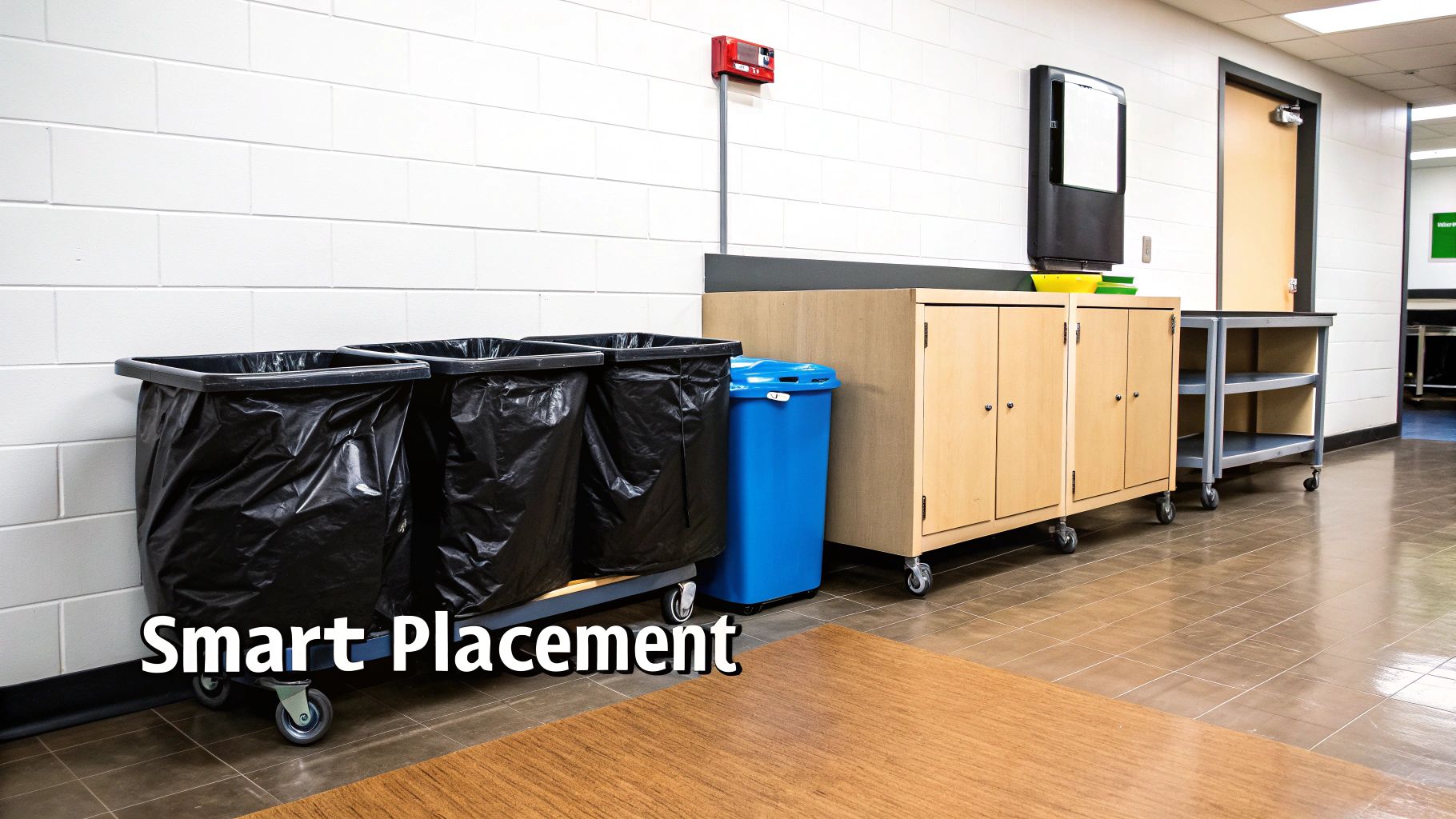 Three large rolling garbage bins and a blue recycling bin neatly placed next to cabinets in a hallway