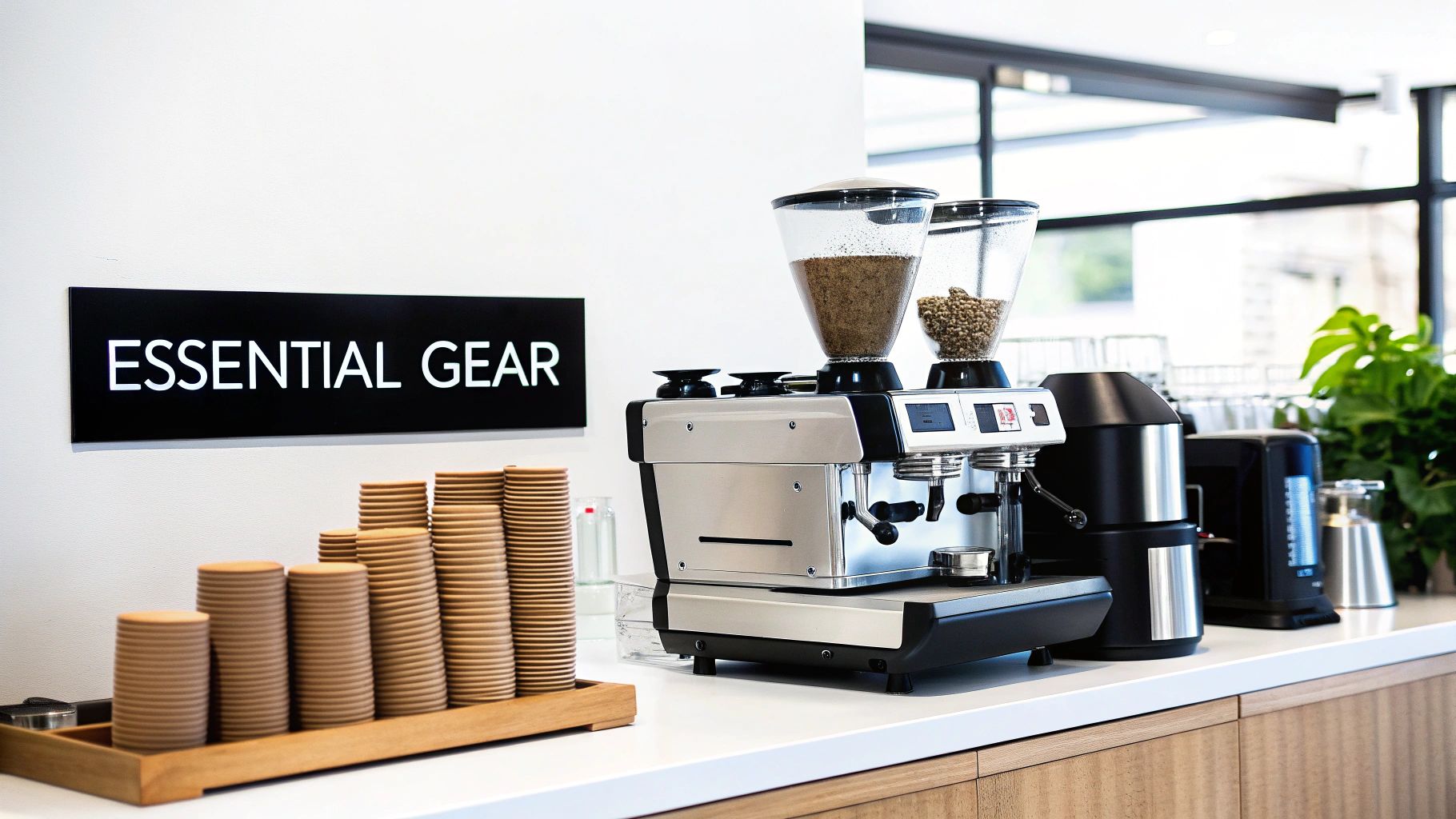 Modern coffee bar setup with an espresso machine, grinders, and paper cups on a white counter