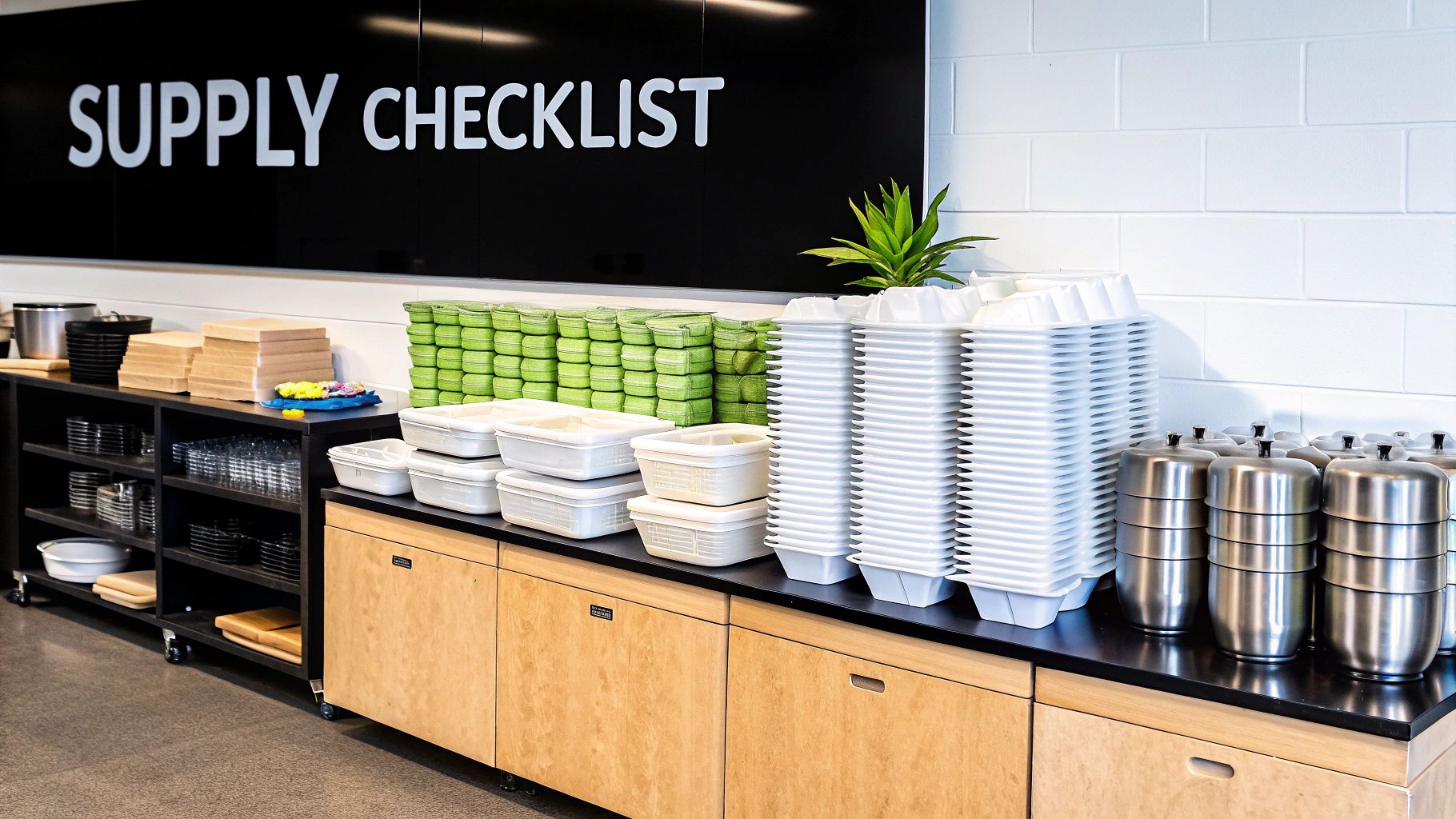Various restaurant supplies like containers, boxes, and serving dishes neatly arranged on shelves and counters