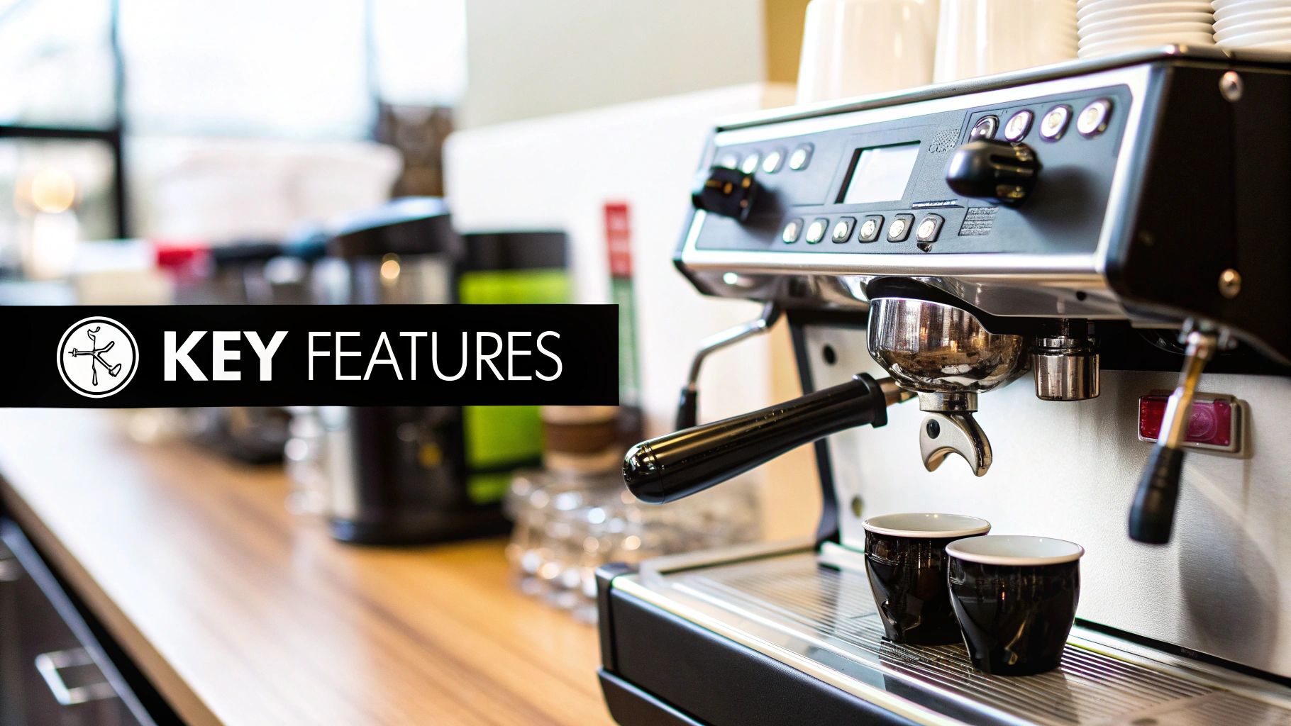 A professional coffee machine with stainless steel accents and two black espresso cups on a wooden counter, ready to brew