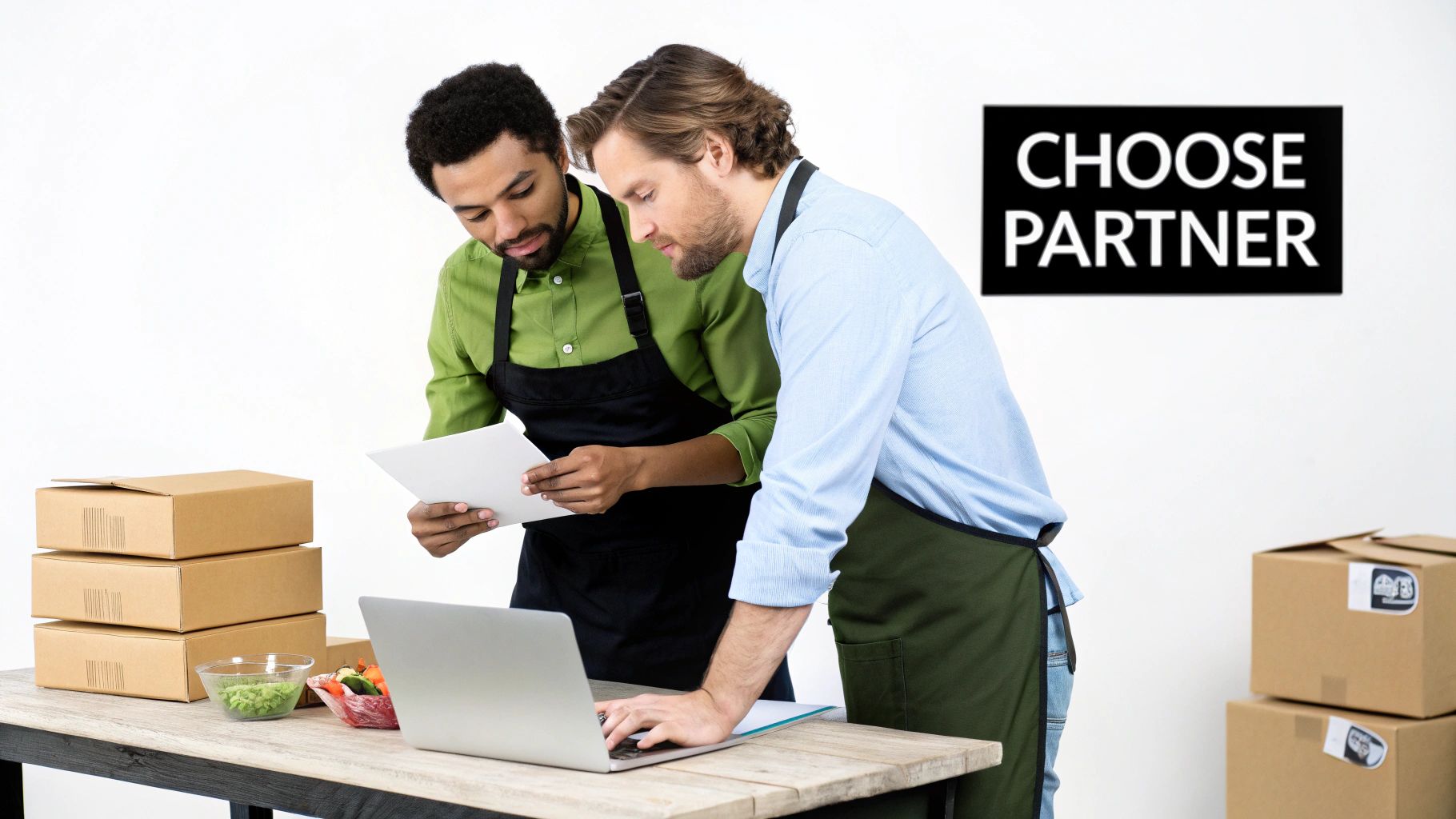 Two men in aprons reviewing documents and using a laptop with delivery boxes and fresh produce