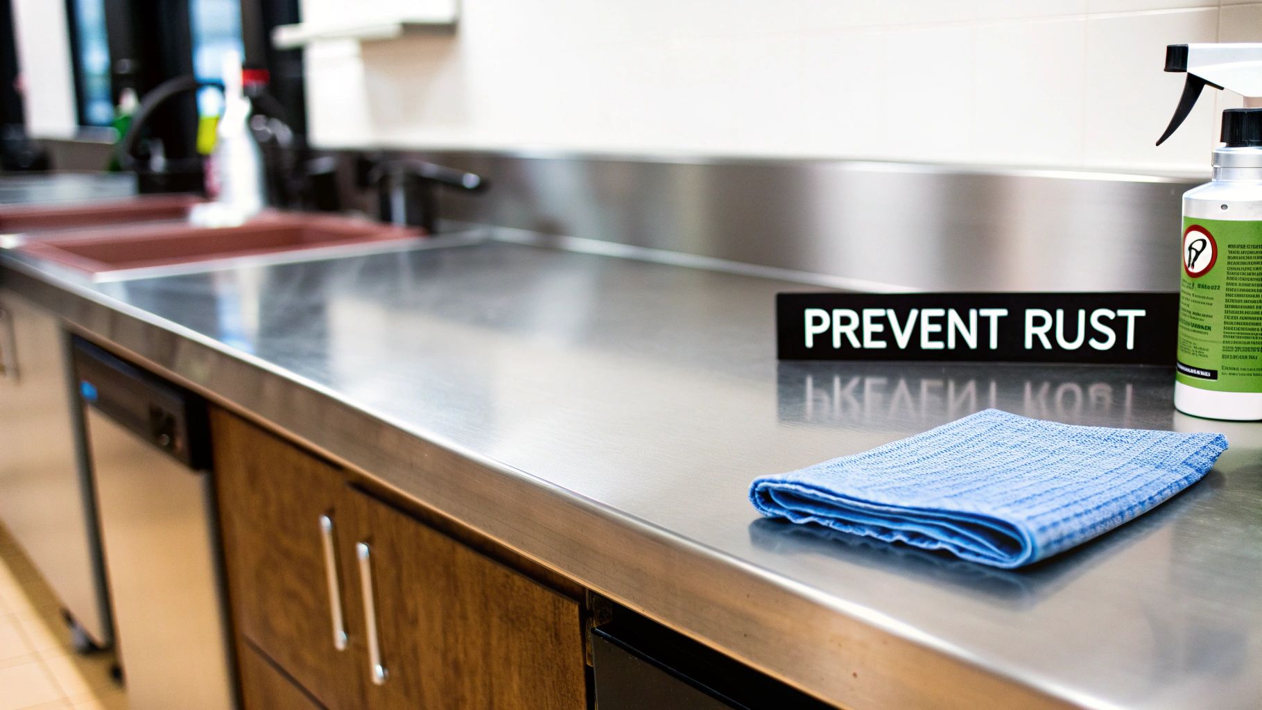 A clean stainless steel kitchen counter with a rust prevention spray bottle and a blue cleaning cloth
