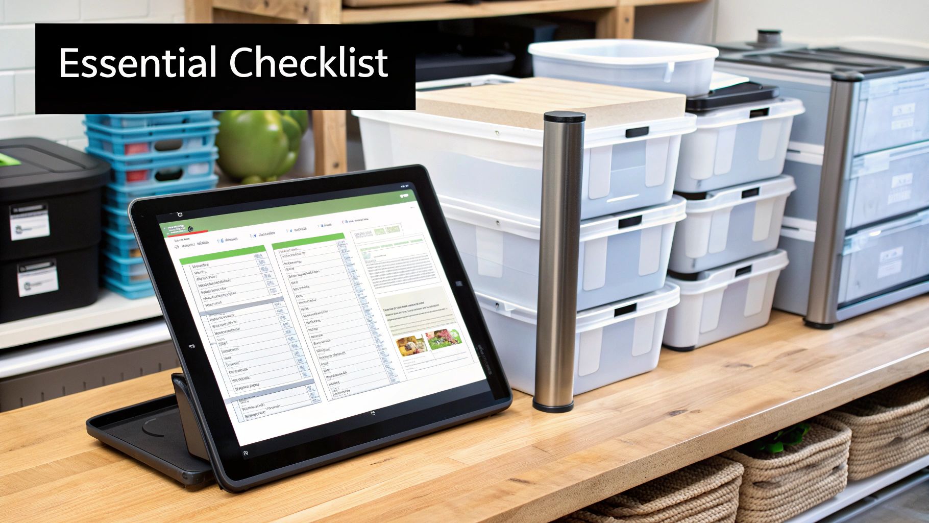 A tablet displaying an essential checklist, surrounded by organized storage containers in a commercial setting