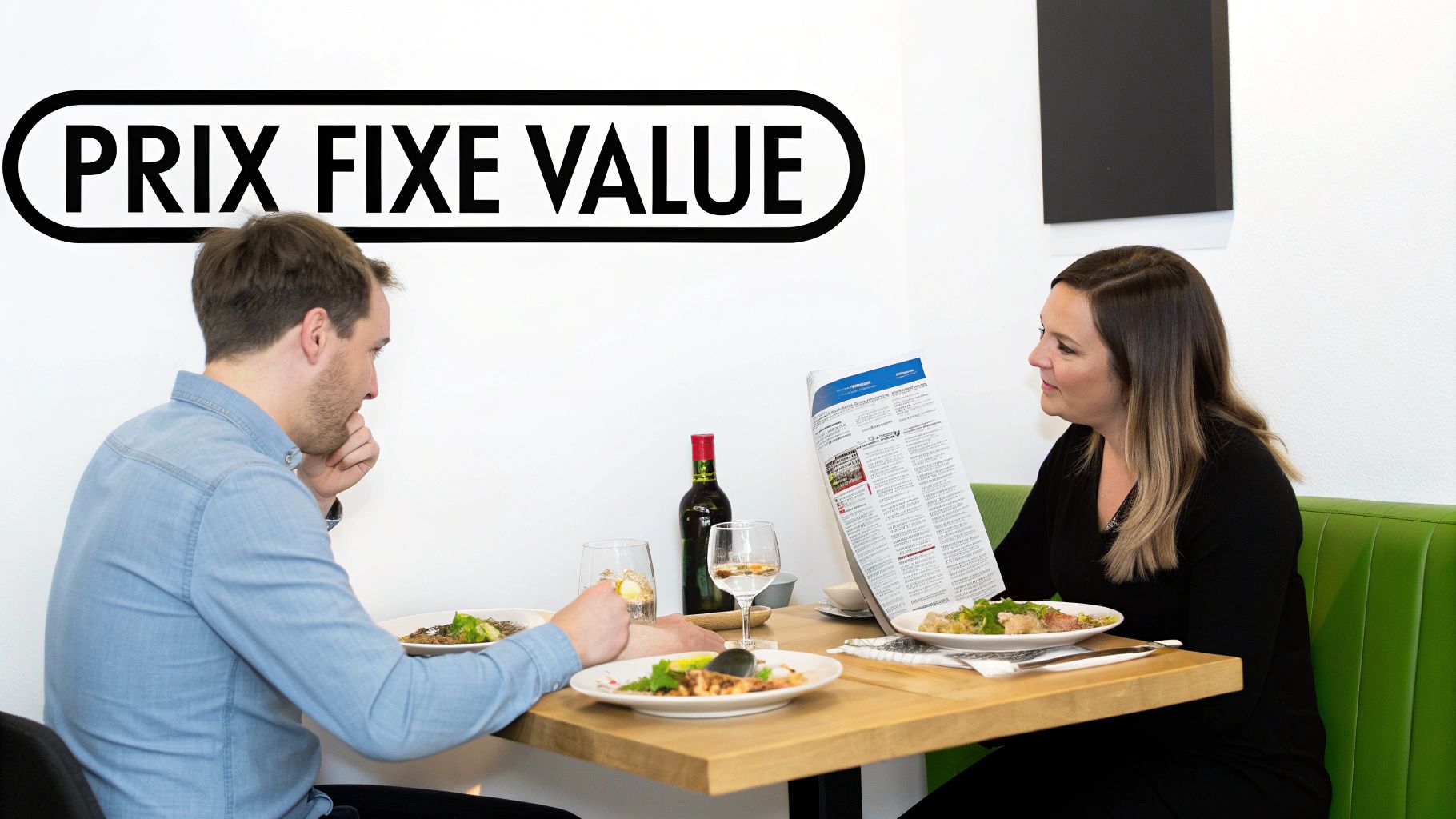 A couple dines at a restaurant table with food, wine, and a 'PRIX FIXE VALUE' sign.