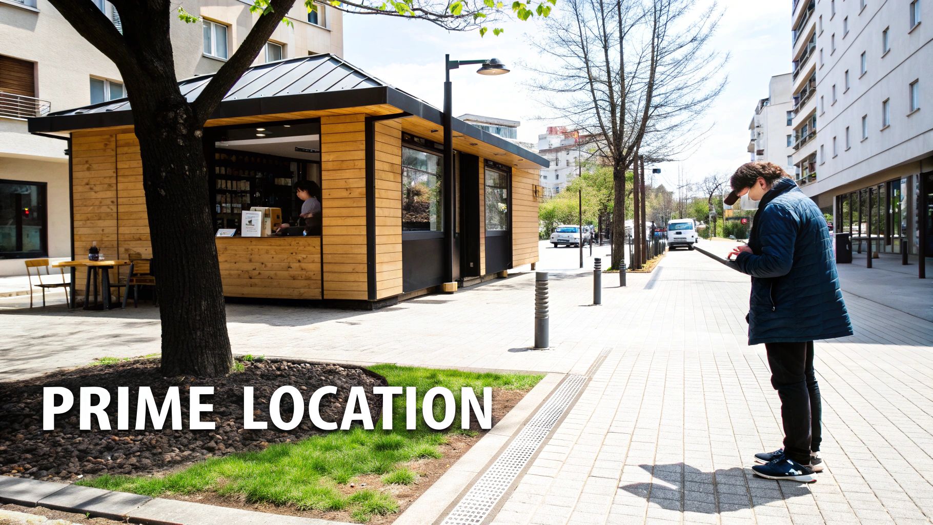 A small, modern coffee shop kiosk with wooden siding on a city street, with a person using a tablet