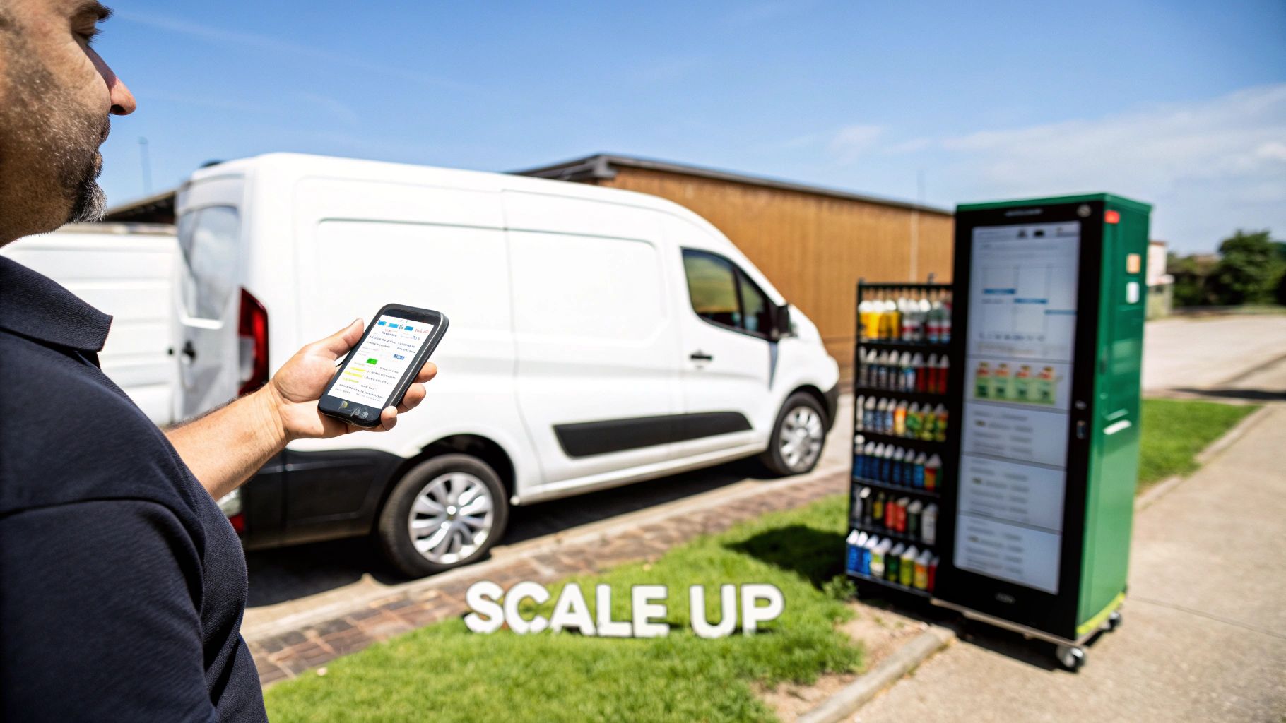 A person uses a smartphone to manage a smart green vending machine next to a white delivery van.