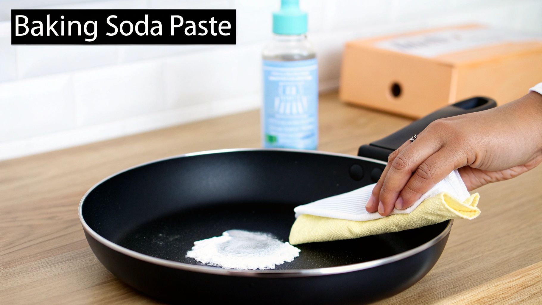 Close-up of a hand cleaning a black non-stick pan with baking soda paste and a cloth