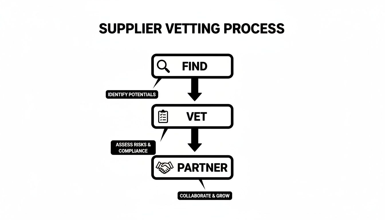 Flowchart outlining a three-step supplier vetting process: find, vet, and partner for growth
