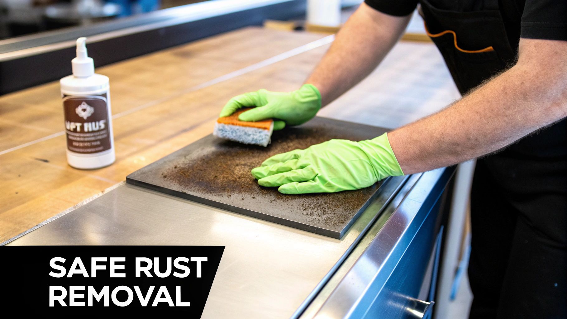 Person in green gloves scrubbing a rusty metal plate with a sponge, rust remover bottle nearby