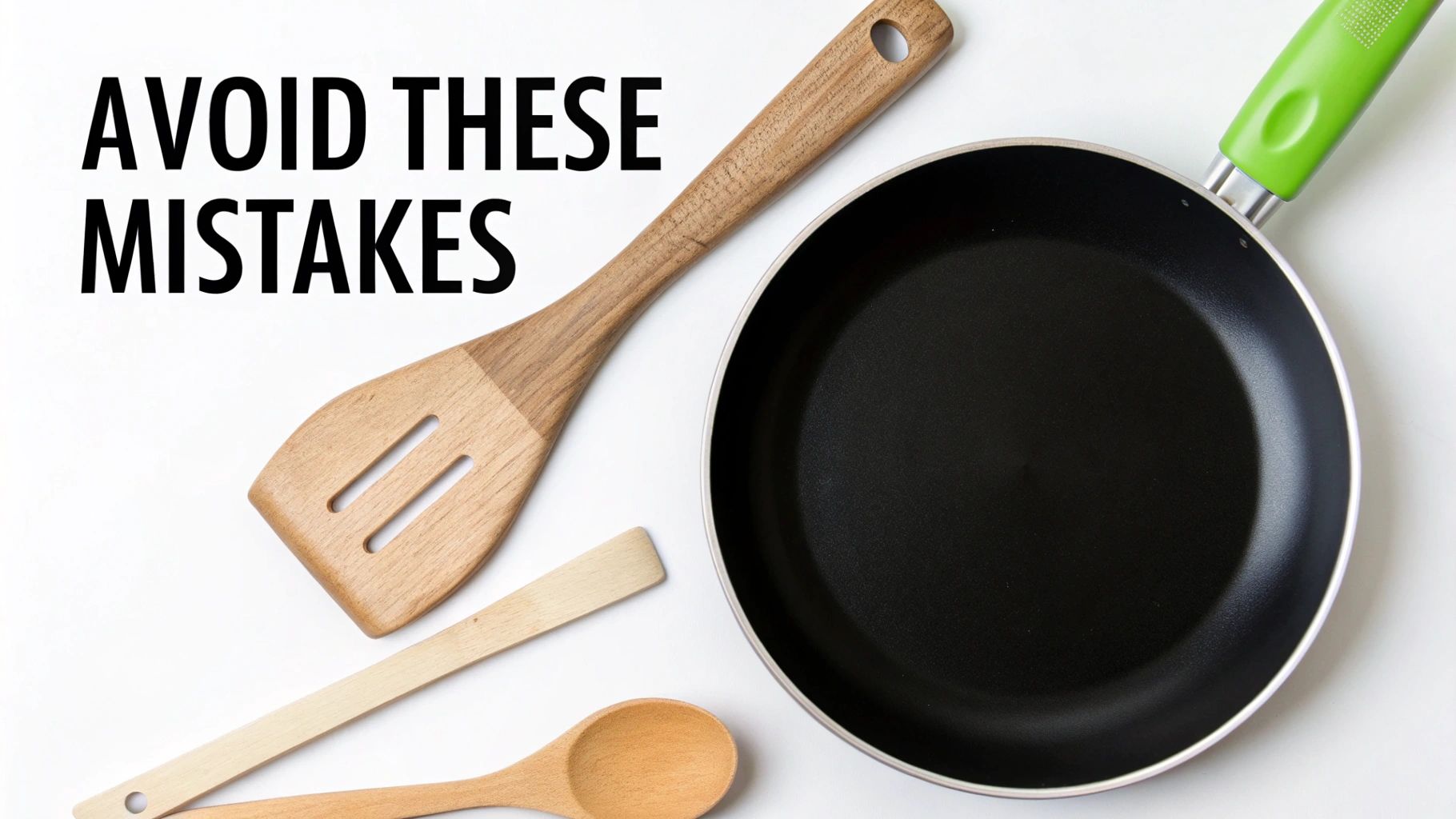Overhead shot of a non-stick frying pan with wooden spatulas and spoons, displaying 'AVOID THESE MISTAKES' text