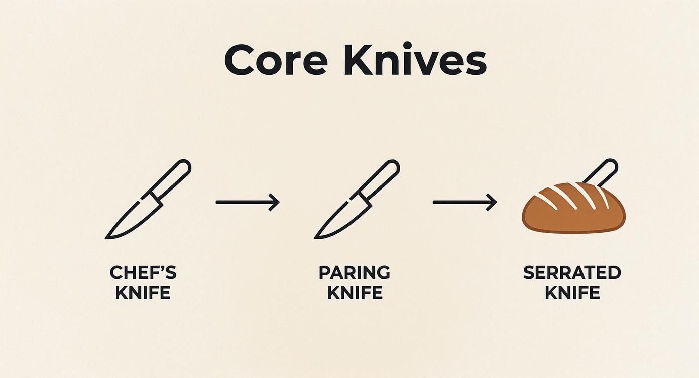 Line art illustration of three essential kitchen knives: Chef's knife, paring knife, and serrated knife
