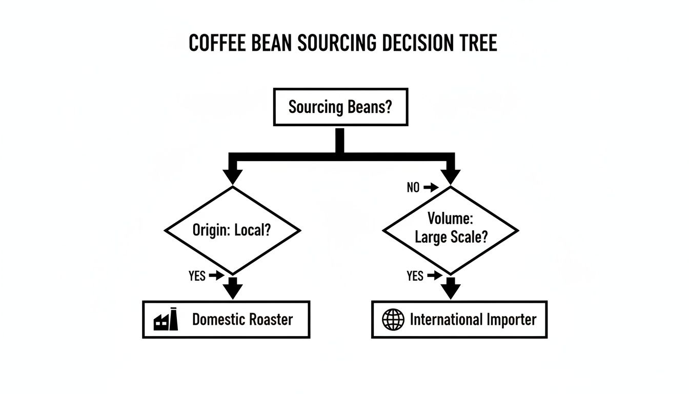 A decision tree illustrates coffee bean sourcing, guiding users to domestic roasters for local origin or international importers for large scale