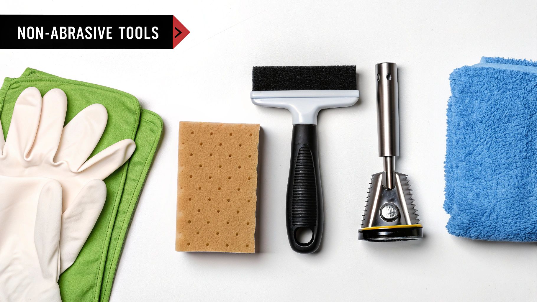 A flat lay of non-abrasive cleaning tools: gloves, green cloth, sponge, brush, scraper, and blue towel