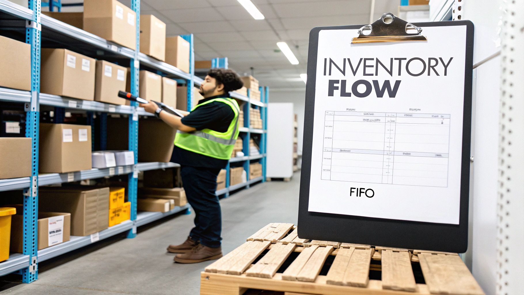 A warehouse worker scans boxes on shelves, while a clipboard shows 'INVENTORY FLOW' and 'FIFO'