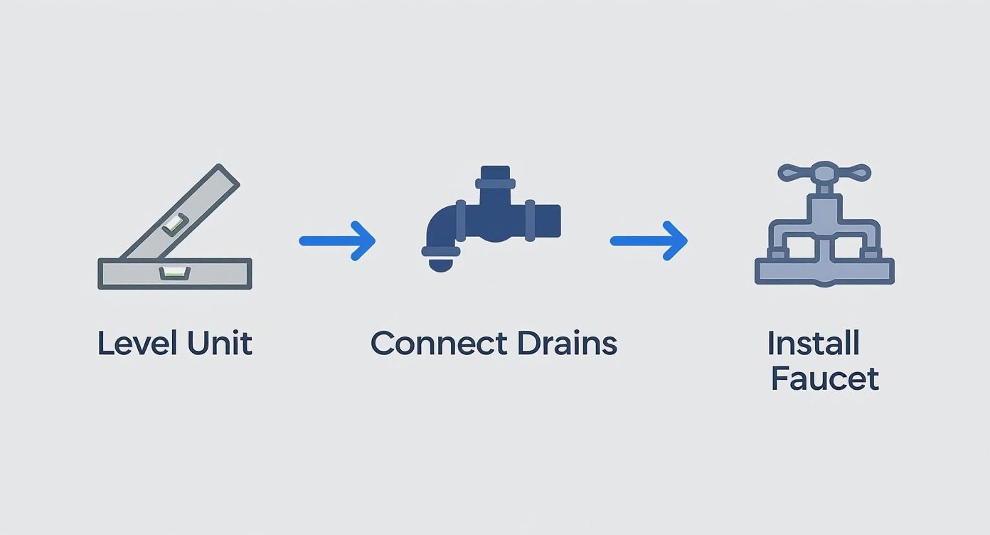 A diagram showing three steps for plumbing installation: level unit, connect drains, and install faucet
