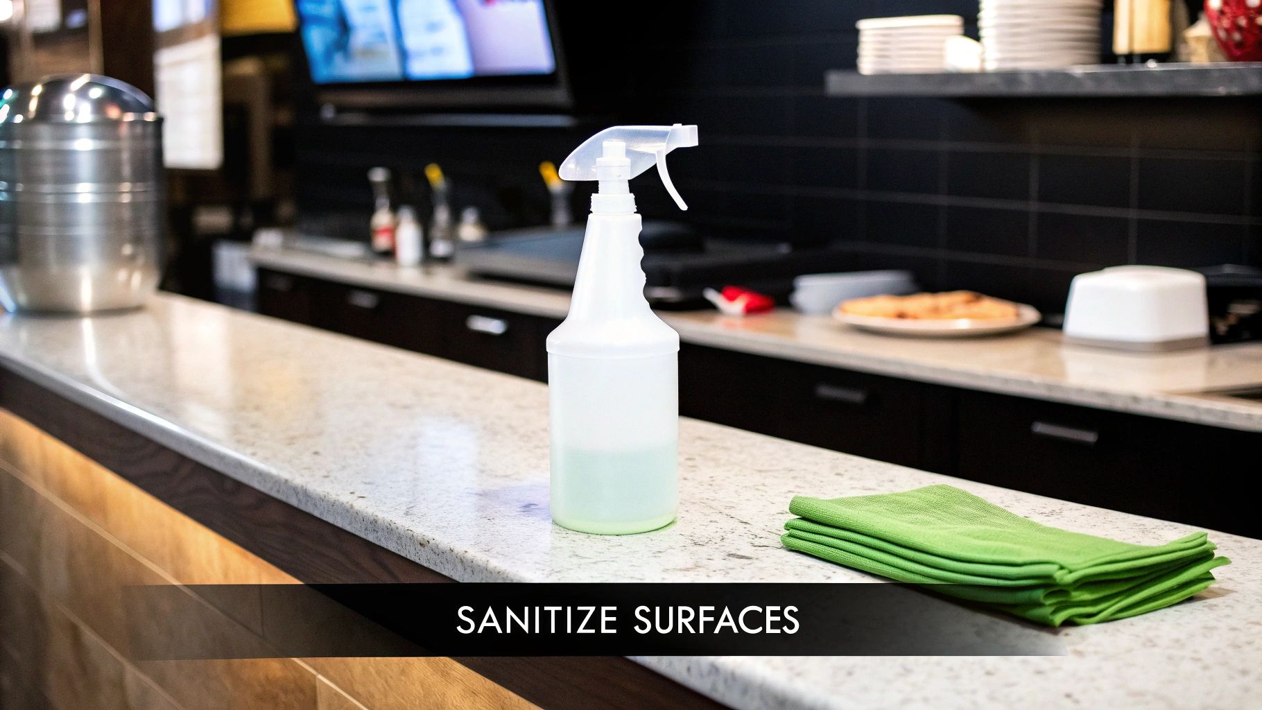 A spray bottle of sanitizer and green cleaning cloths on a kitchen counter, ready to sanitize surfaces