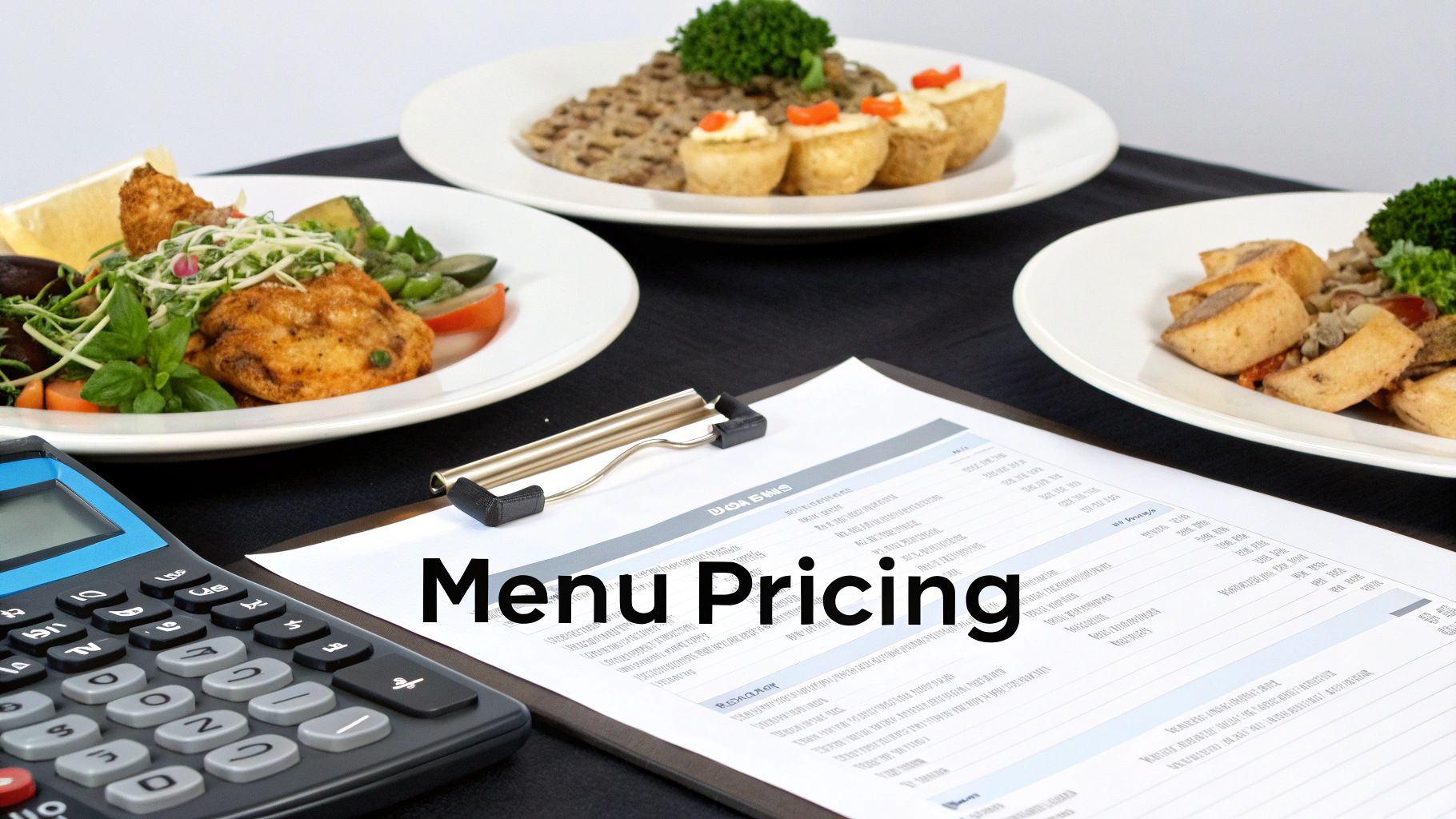 A calculator and menu pricing document surrounded by three plates of professionally prepared food on a dark table