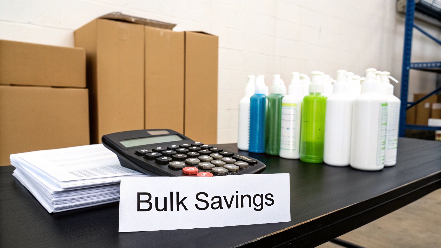 A calculator, stacked papers, and various bottles next to a 'Bulk Savings' sign on a table in a warehouse setting